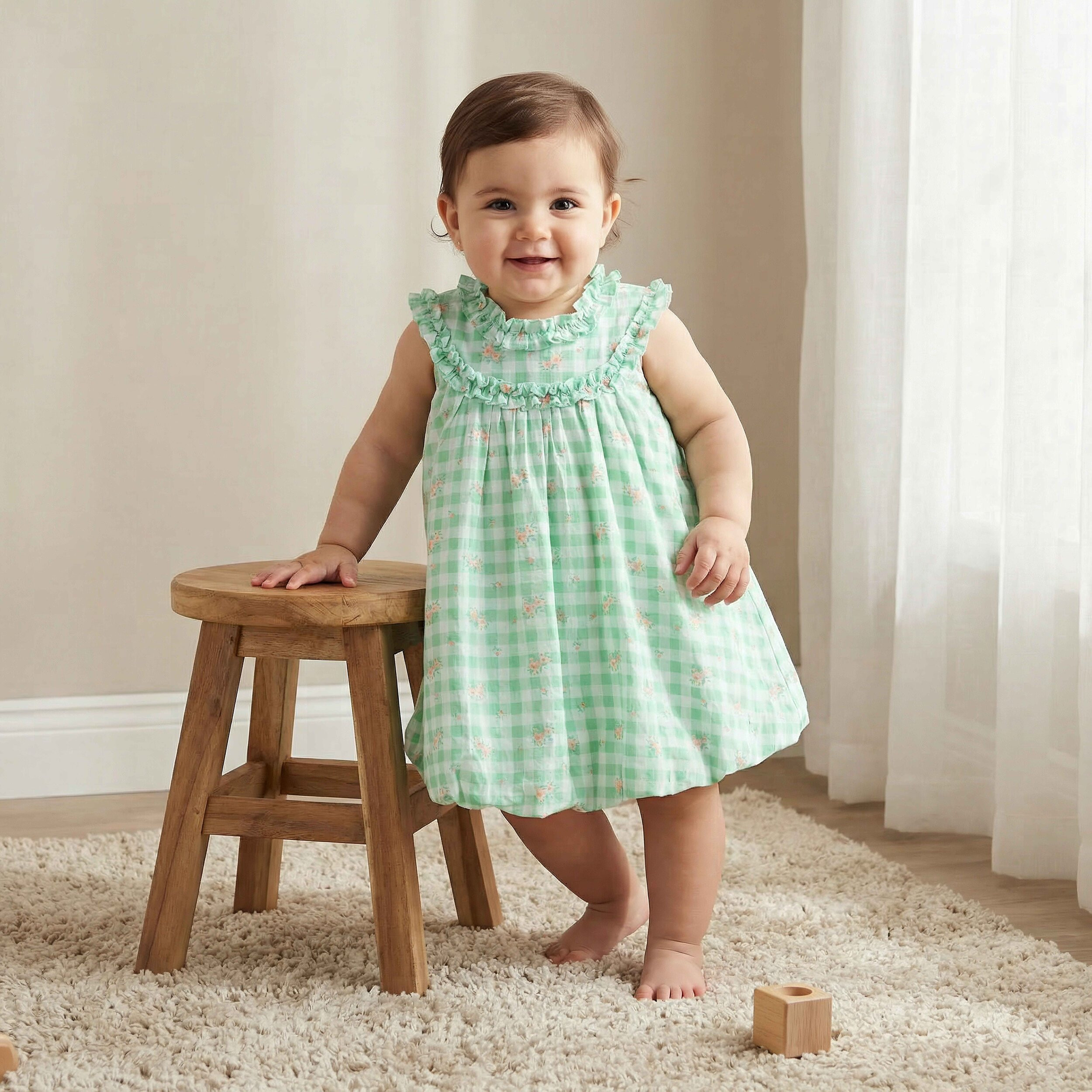 Juniors Round Neck Sleeveless A-line Dress with Checked and Floral Print-baby-girls-clothing-dressesandjumpsuits-image-1