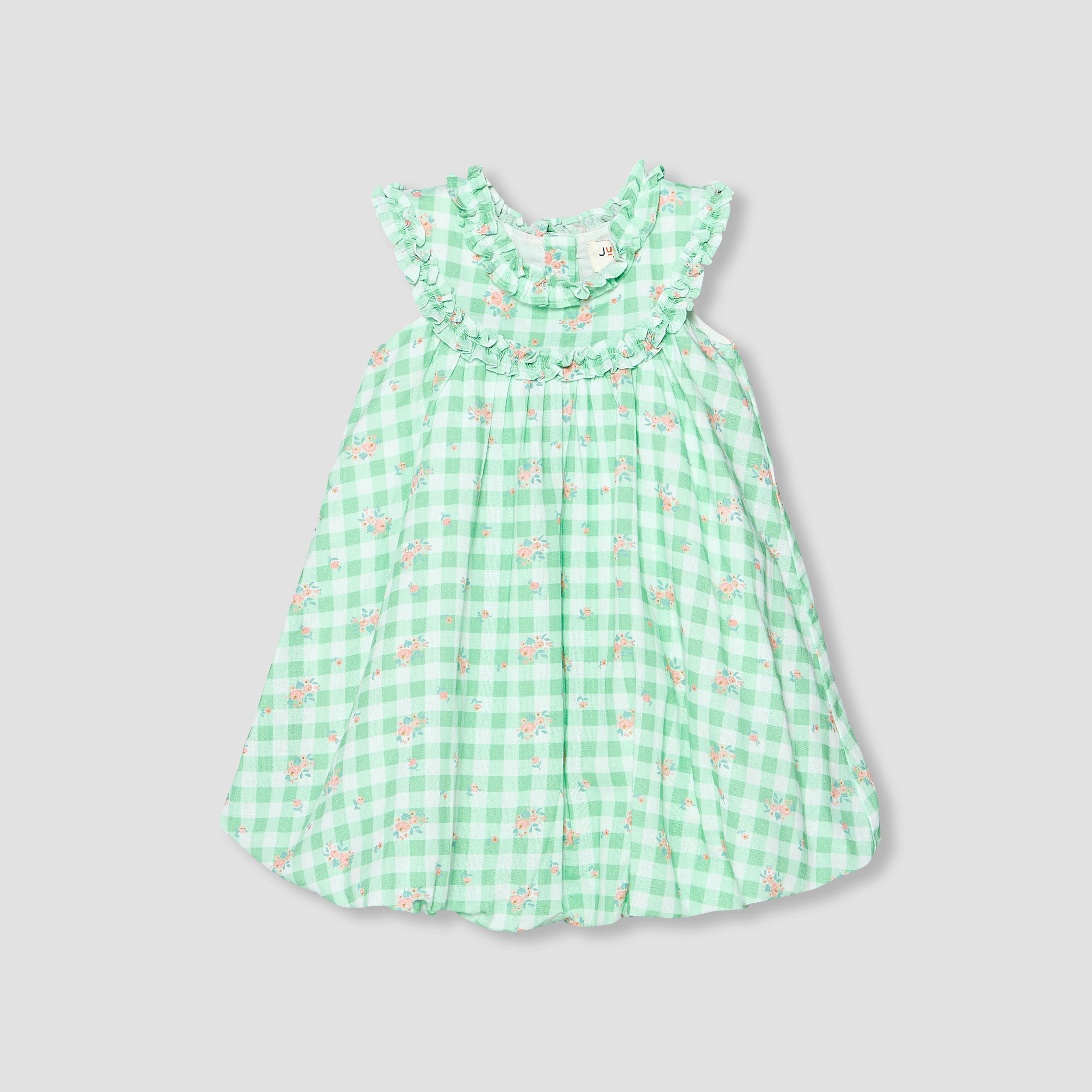 Juniors Round Neck Sleeveless A-line Dress with Checked and Floral Print-baby-girls-clothing-dressesandjumpsuits-image-2