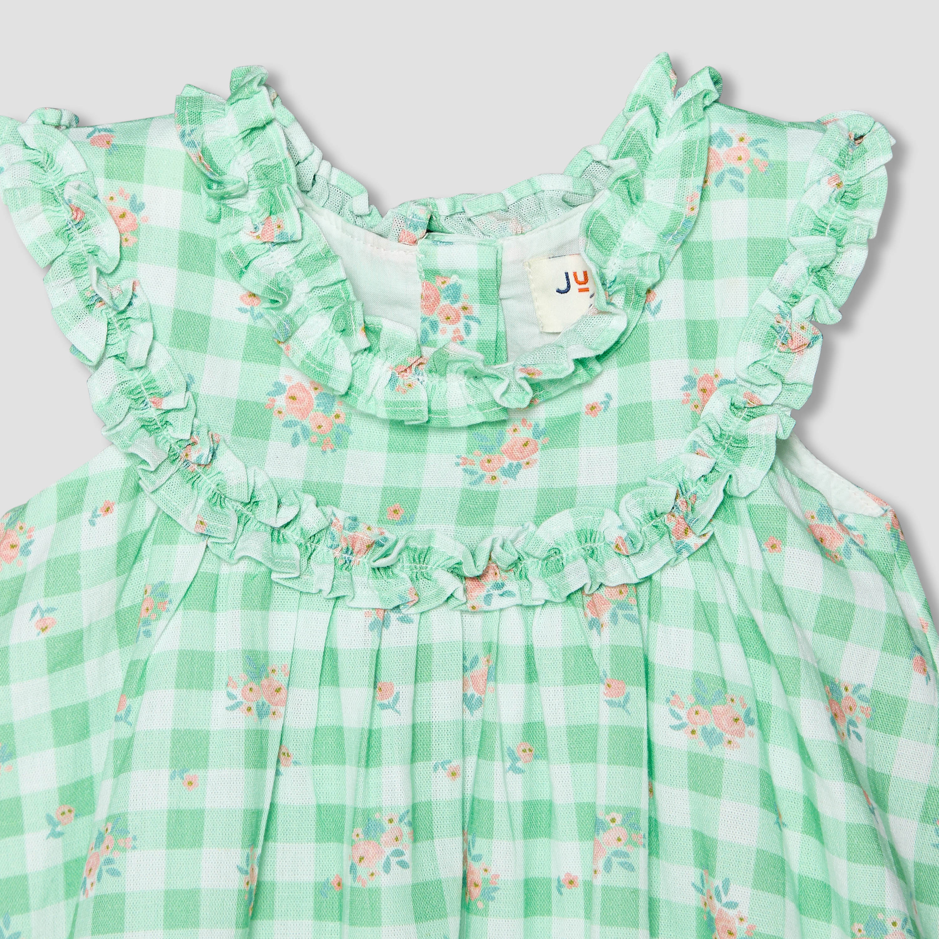 Juniors Round Neck Sleeveless A-line Dress with Checked and Floral Print-baby-girls-clothing-dressesandjumpsuits-image-4