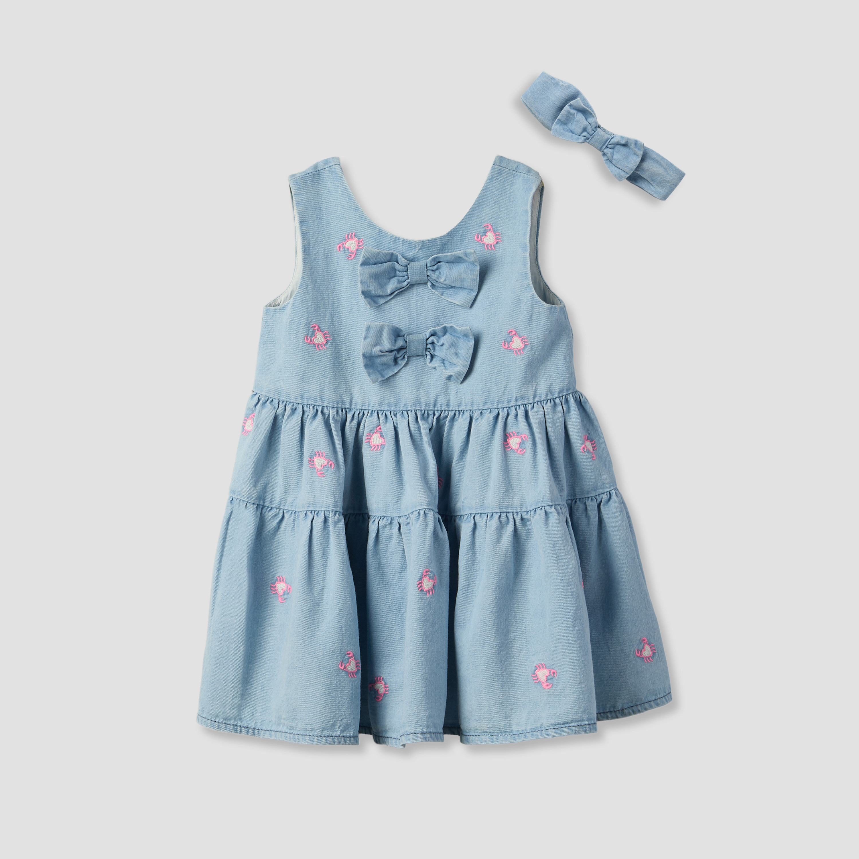 Juniors Round Neck Sleeveless Knee Length A-line Denim Dress with Headband-baby-girls-clothing-dressesandjumpsuits-image-1