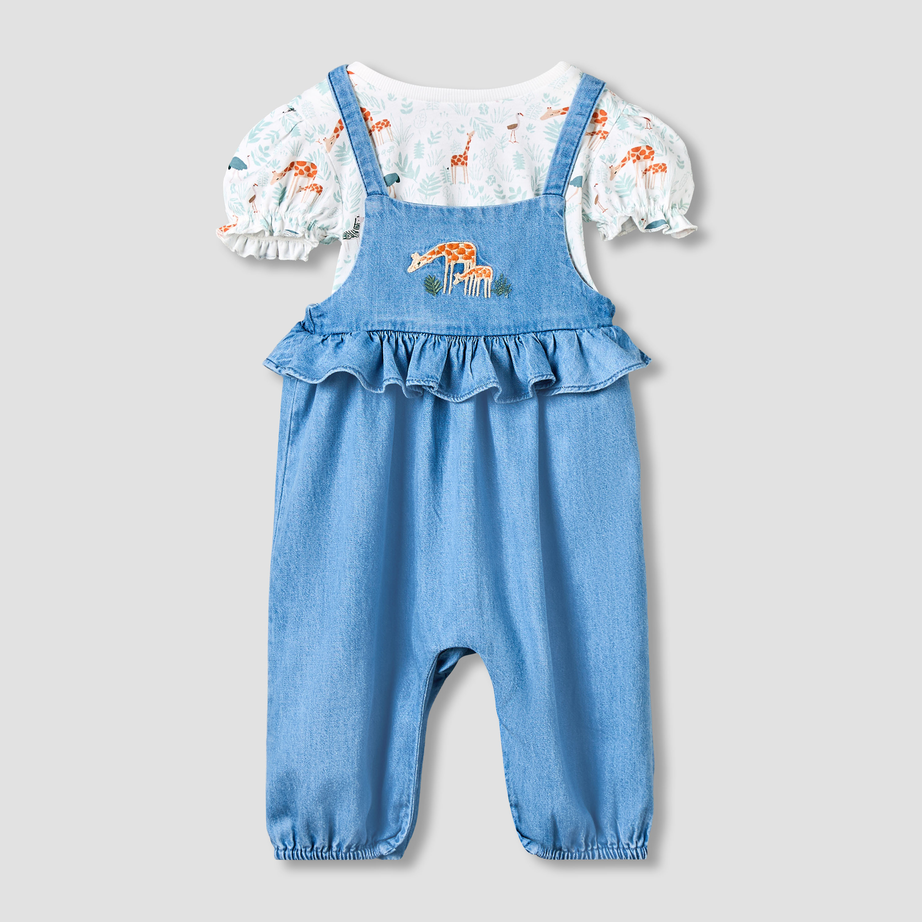 طقم دنغري وتيشيرت بياقة مستديرة وأكمام قصيرة وتطريزات من جونيورز-baby-girls-clothing-setsandcoords-image-2