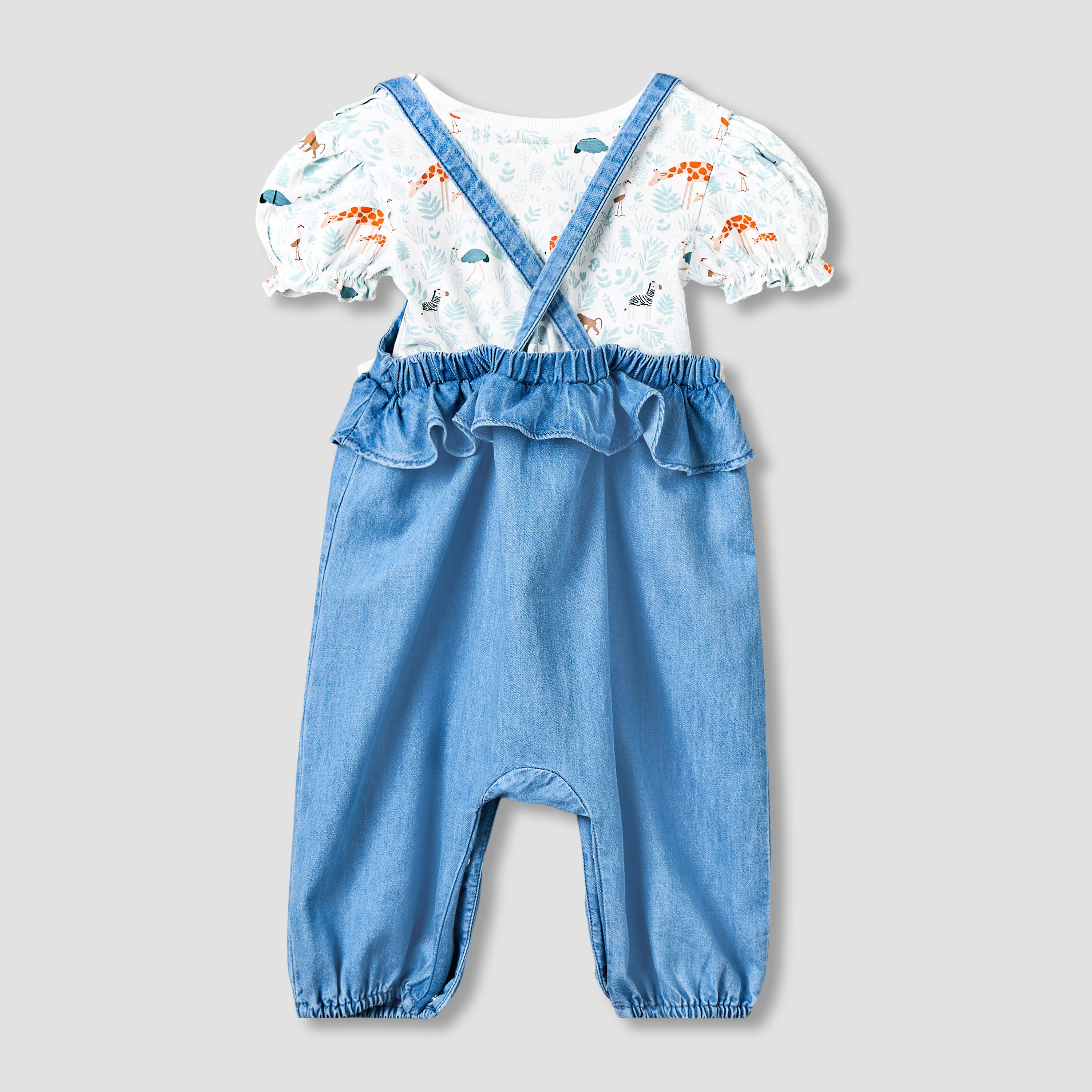 طقم دنغري وتيشيرت بياقة مستديرة وأكمام قصيرة وتطريزات من جونيورز-baby-girls-clothing-setsandcoords-image-3