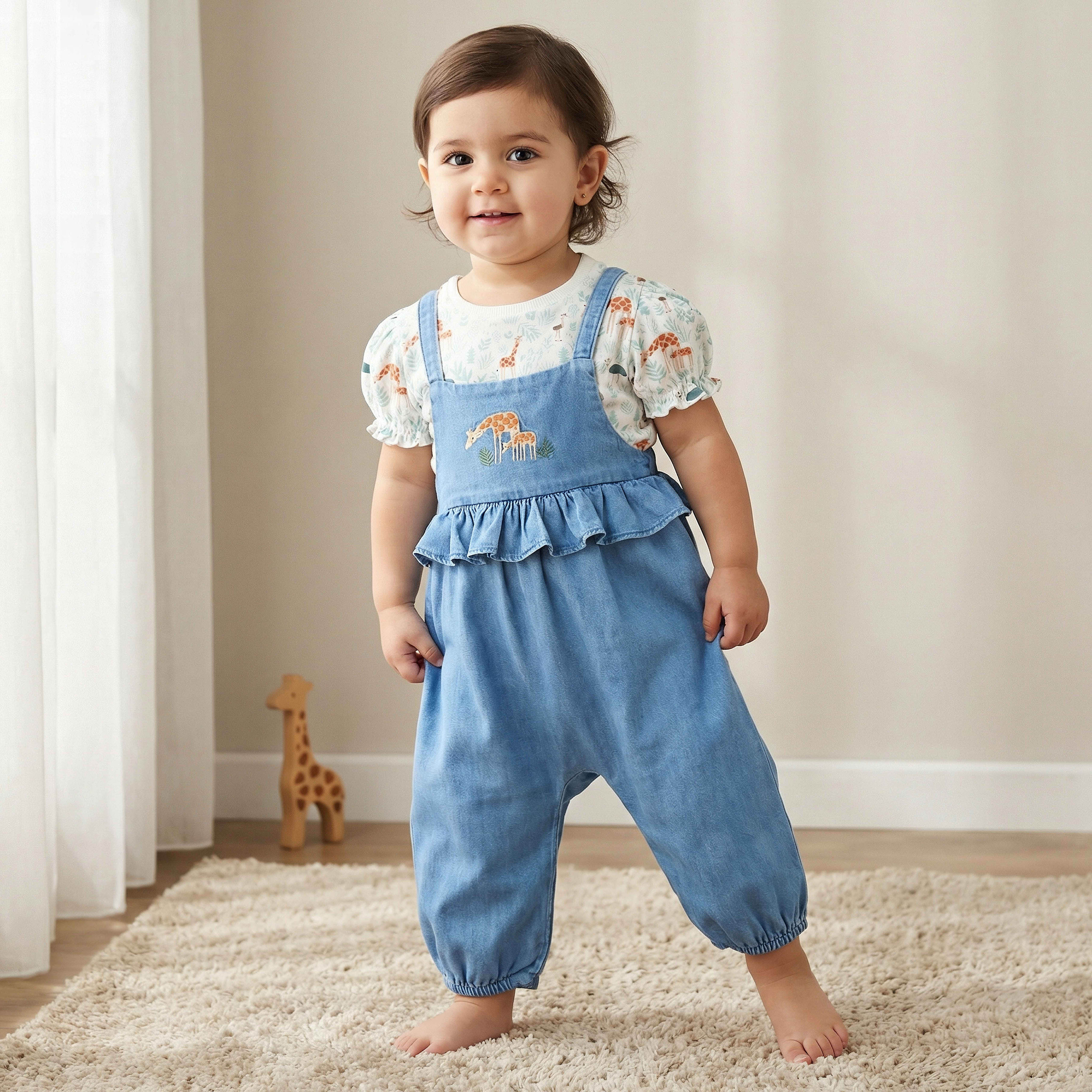 طقم دنغري وتيشيرت بياقة مستديرة وأكمام قصيرة وتطريزات من جونيورز-baby-girls-clothing-setsandcoords-image-1