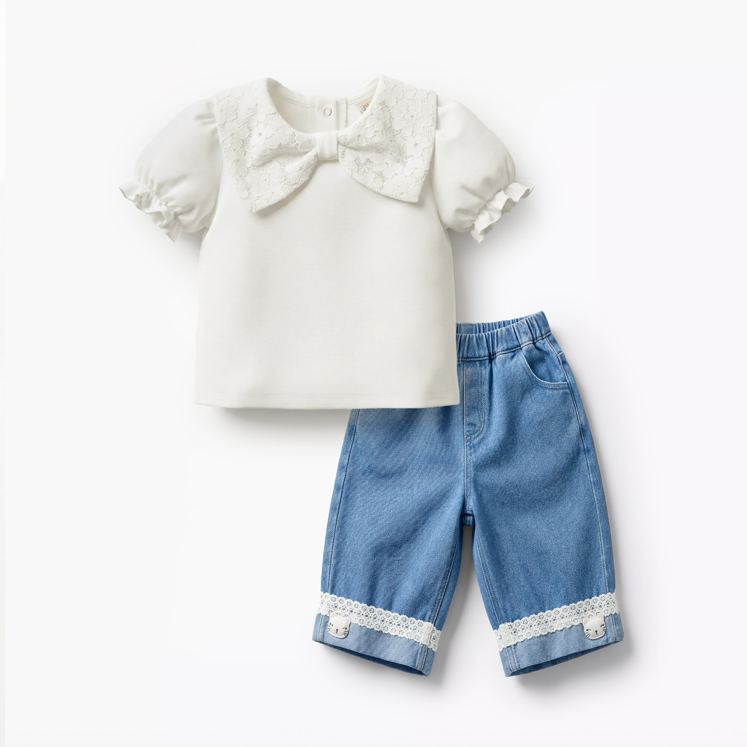 Juniors Round Neck Short Sleeves Top and Jeans Set with Bow Detail-baby-girls-clothing-setsandcoords-image-1