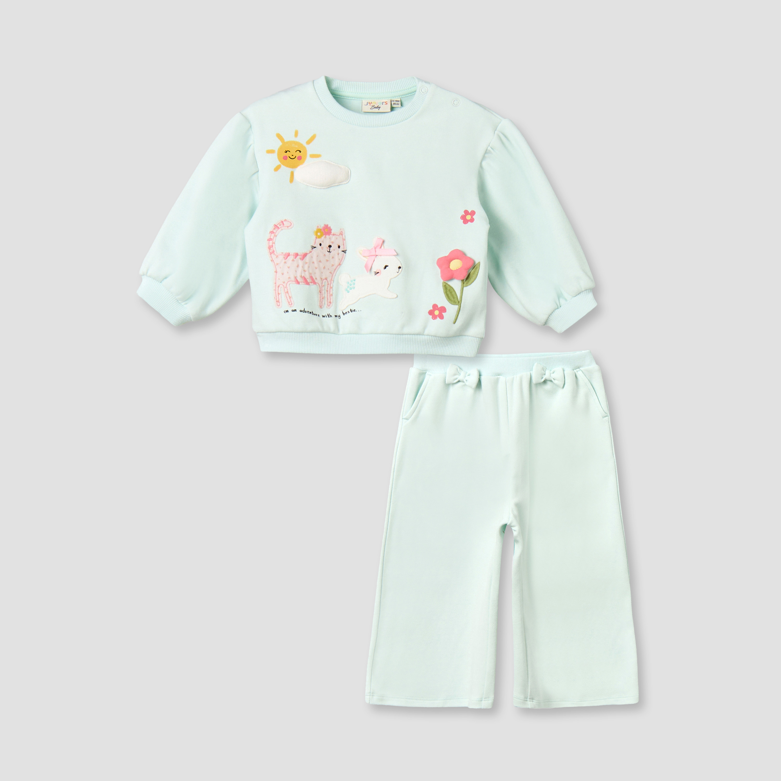 Juniors Crew Neck Long Sleeves Sweatshirt and Wide Leg Pants Set with Animal Applique-baby-girls-clothing-setsandcoords-image-2