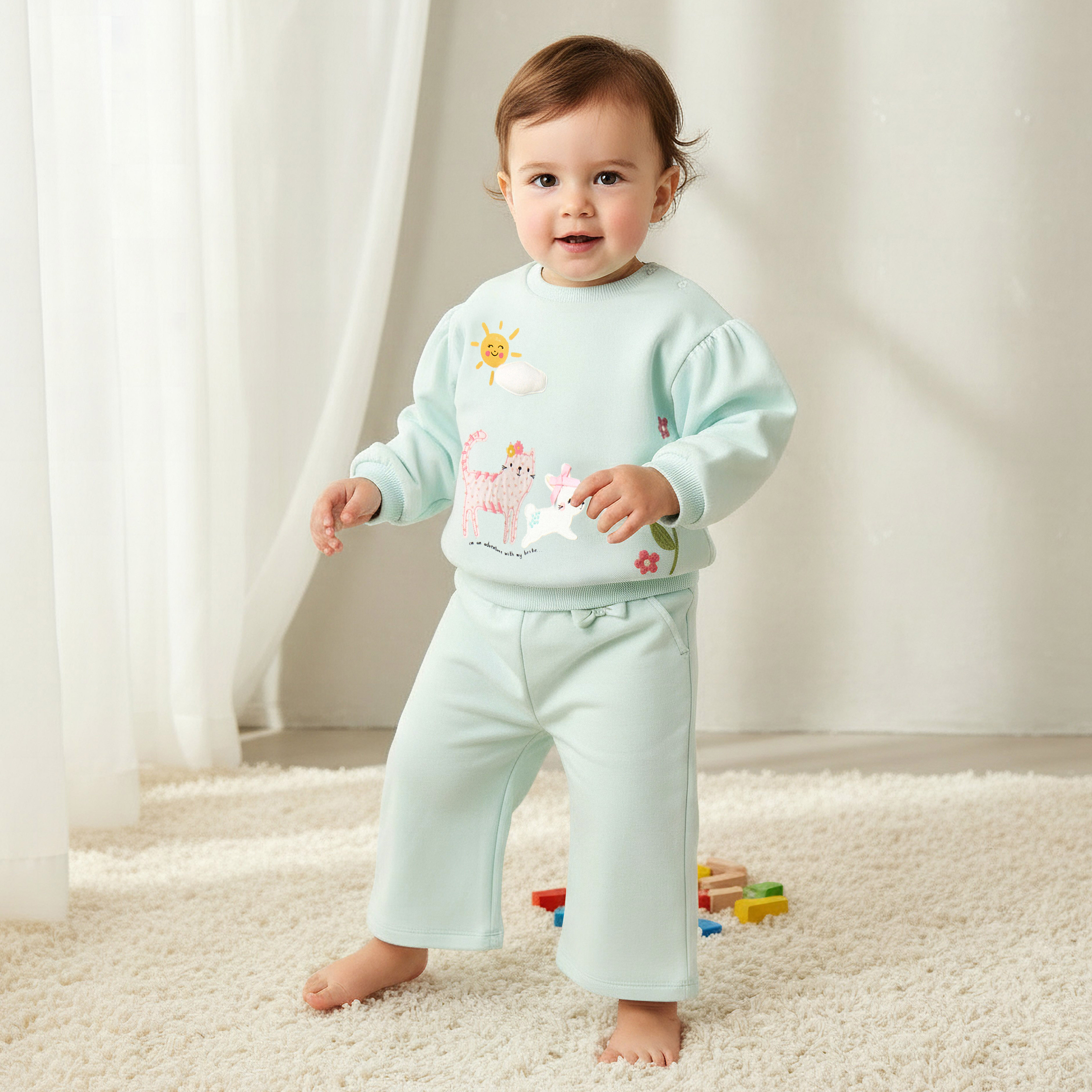 Juniors Crew Neck Long Sleeves Sweatshirt and Wide Leg Pants Set with Animal Applique-baby-girls-clothing-setsandcoords-image-1