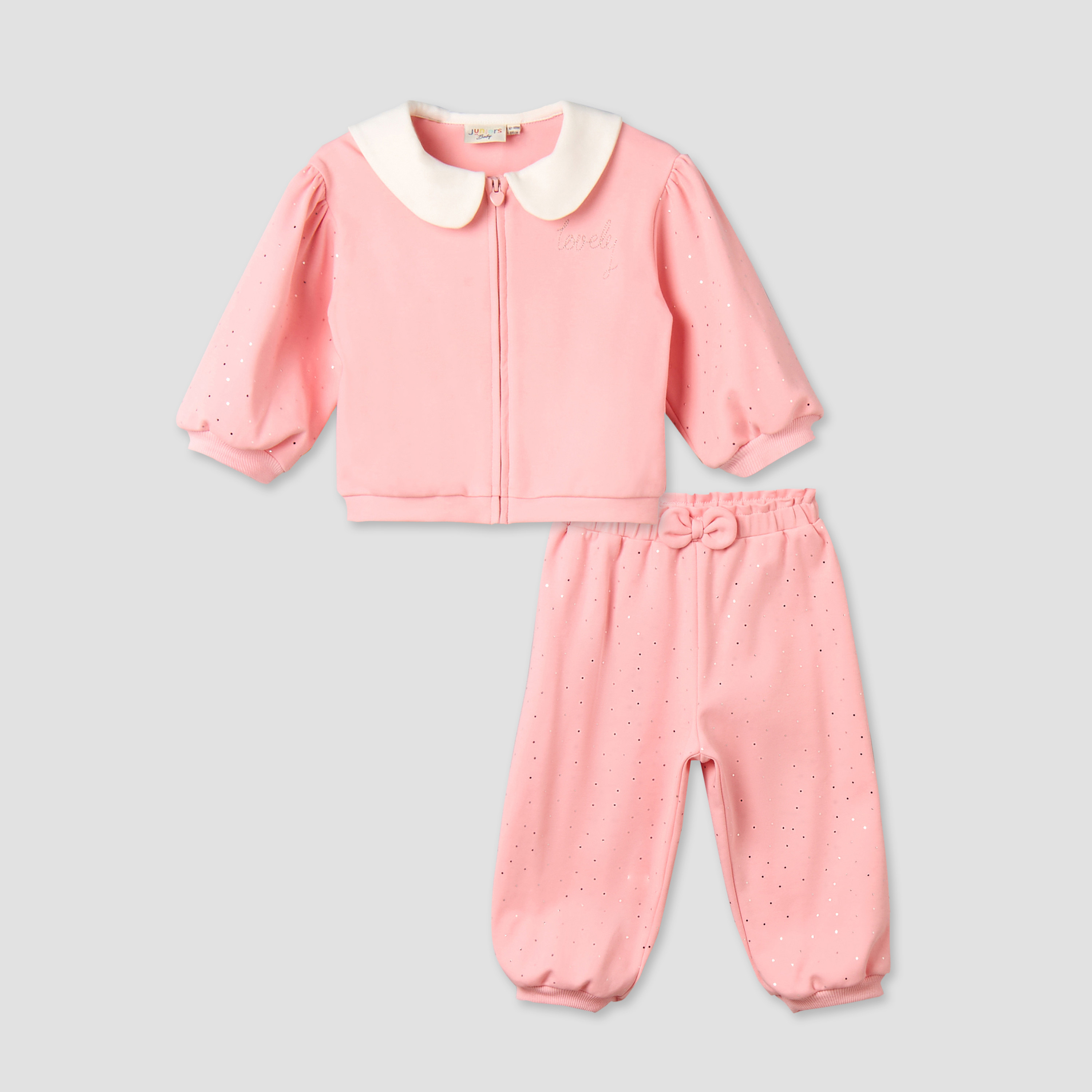 Juniors Peter Pan Collar Long Sleeves Jacket and Joggers Set with Zip Closure-baby-girls-clothing-setsandcoords-image-2