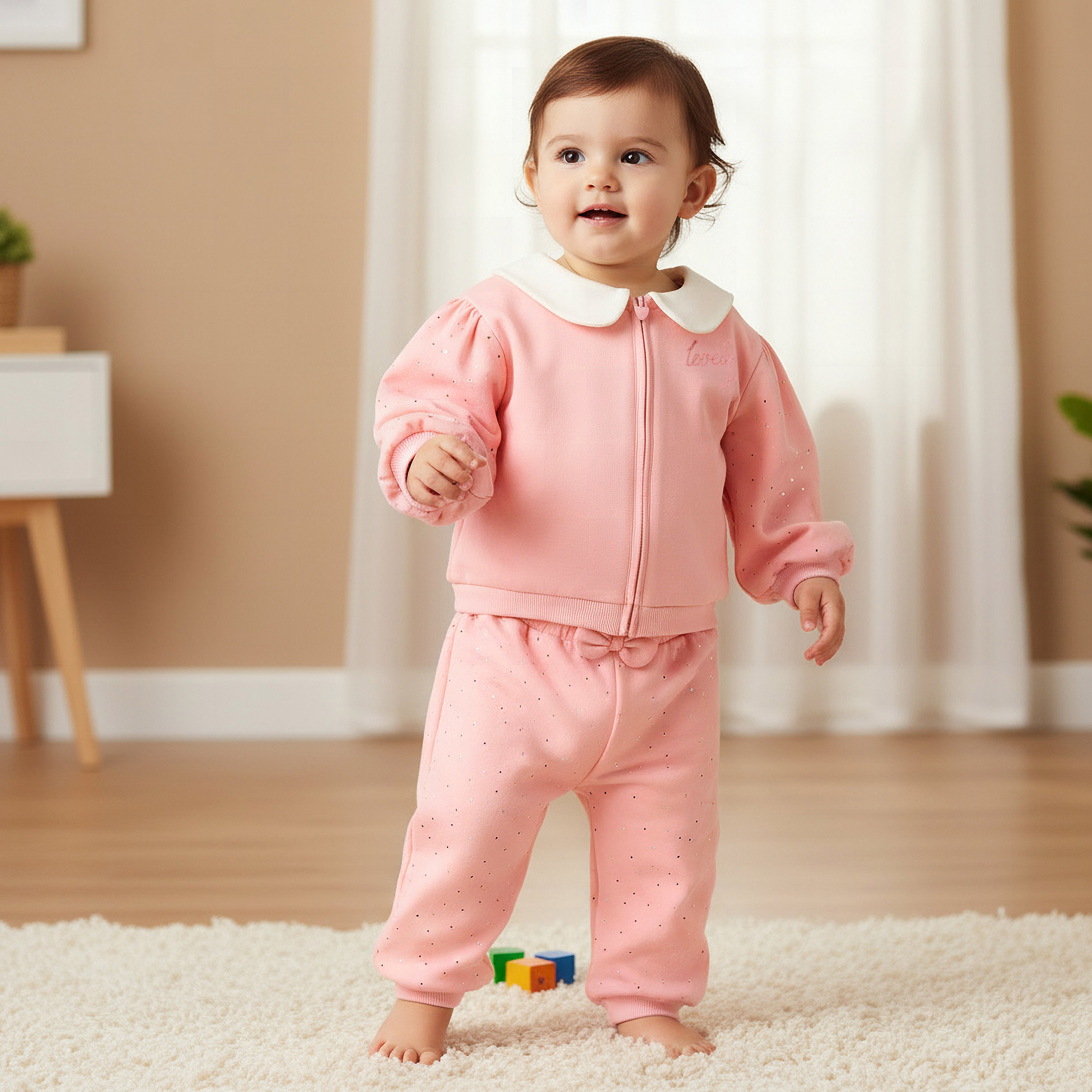 Juniors Peter Pan Collar Long Sleeves Jacket and Joggers Set with Zip Closure-baby-girls-clothing-setsandcoords-image-1