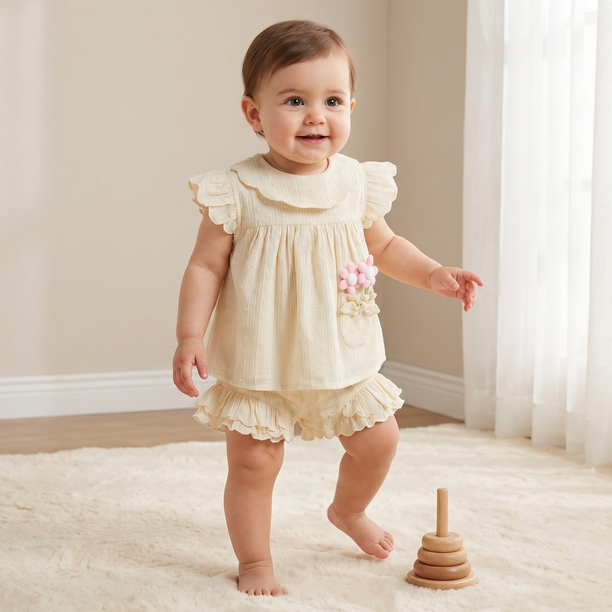 Juniors Round Neck Short Sleeves Top and Shorts Set with Floral Appique-baby-girls-clothing-setsandcoords-image-1