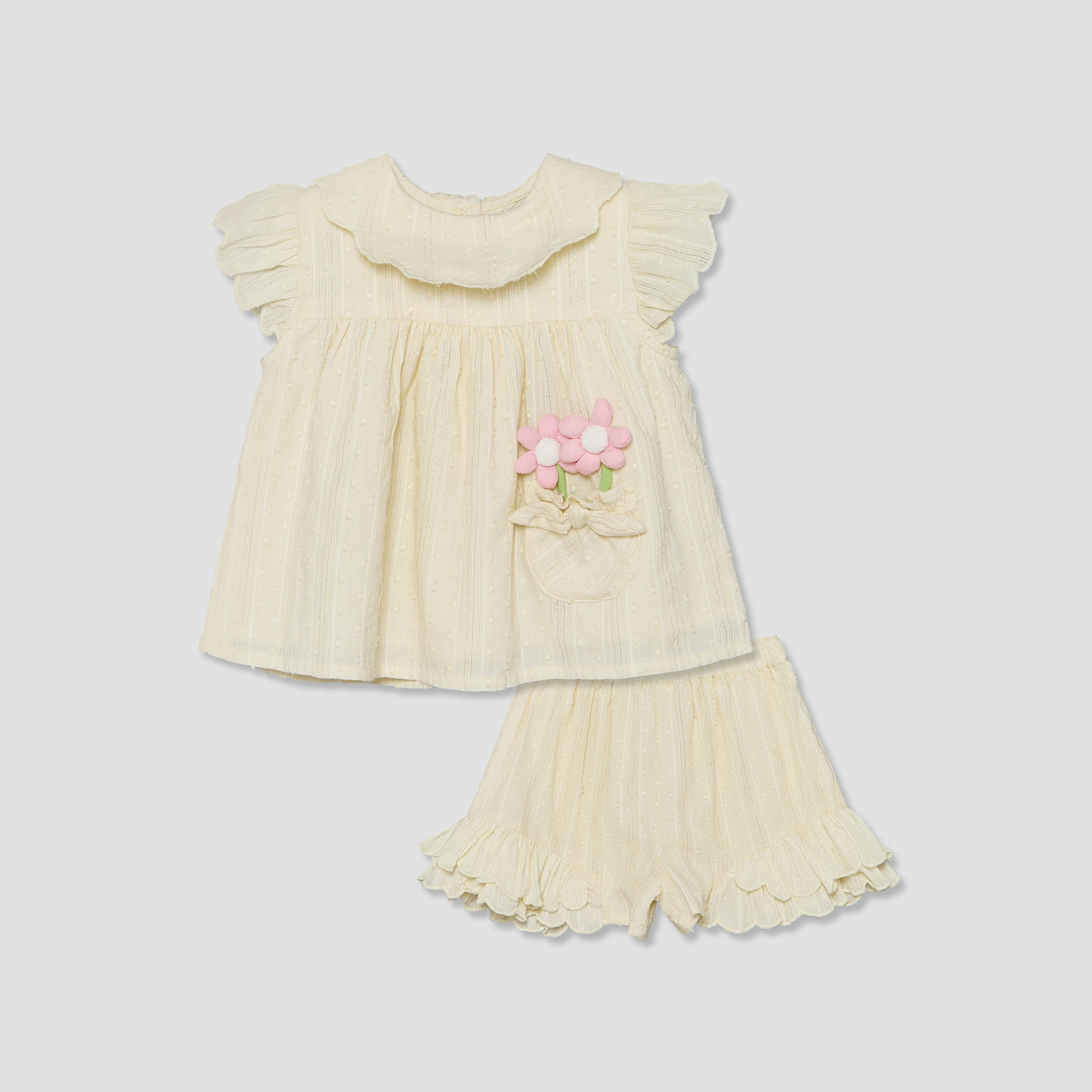 Juniors Round Neck Short Sleeves Top and Shorts Set with Floral Appique-baby-girls-clothing-setsandcoords-image-2