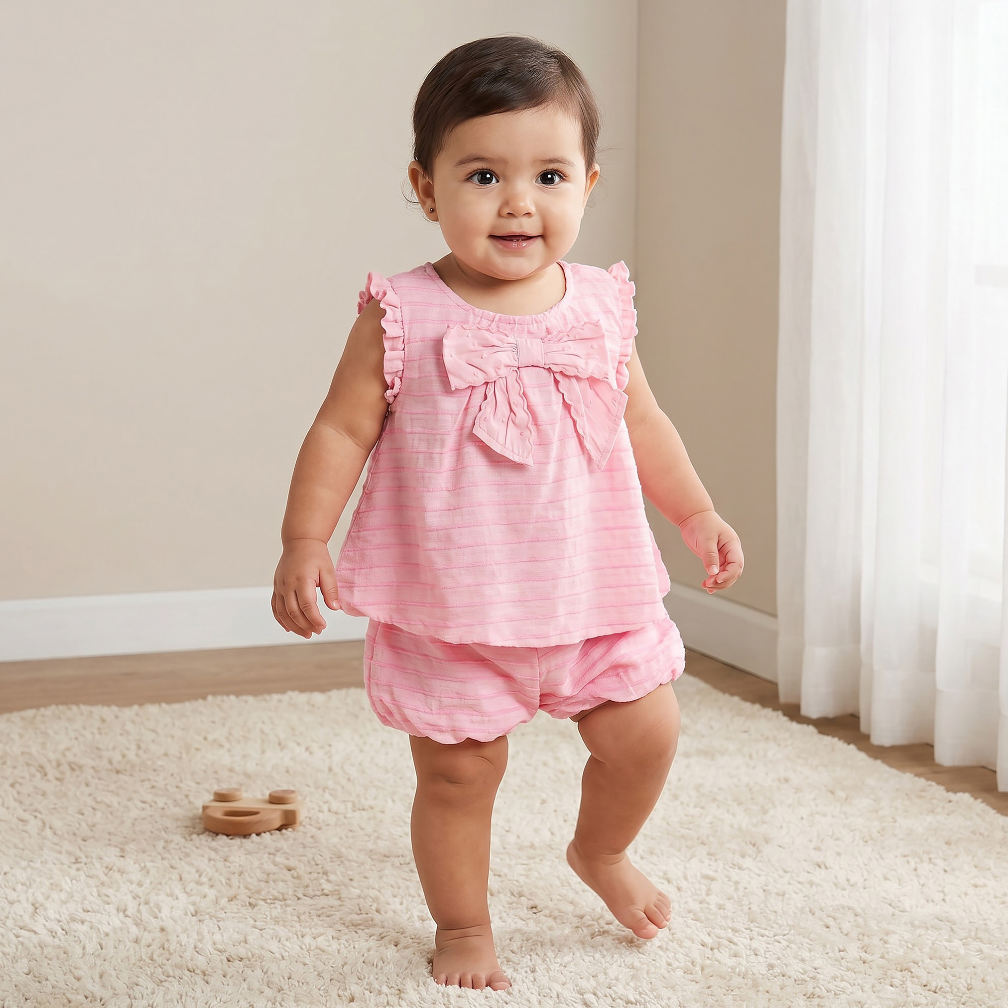 Juniors Round Neck Sleeveless Top and Shorts Set with Striped Design-baby-girls-clothing-setsandcoords-image-1