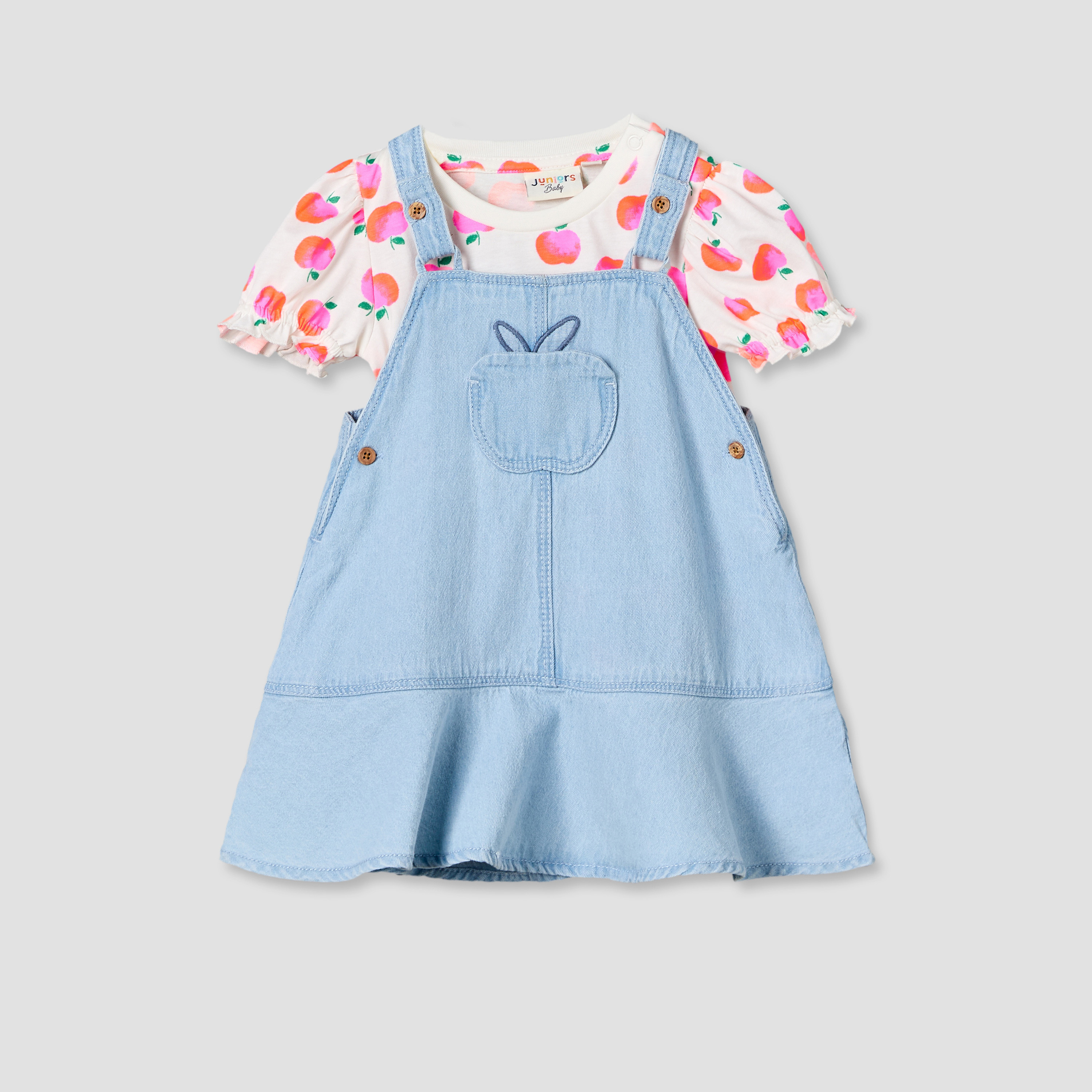 Juniors Round Neck Short Sleeves Top and Denim Pinafore Set with Apple Print-baby-girls-clothing-dressesandjumpsuits-image-1