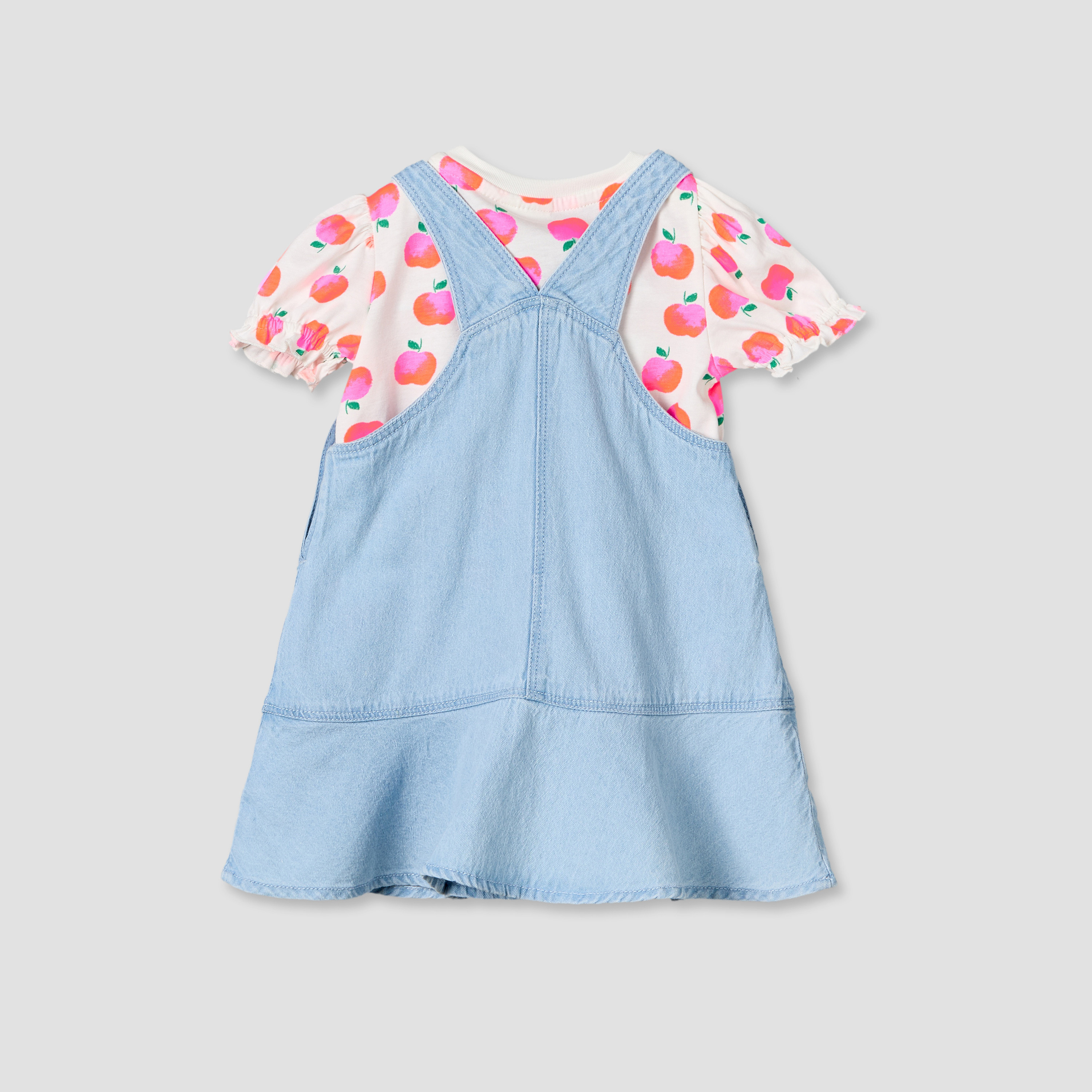 Juniors Round Neck Short Sleeves Top and Denim Pinafore Set with Apple Print-baby-girls-clothing-dressesandjumpsuits-image-2