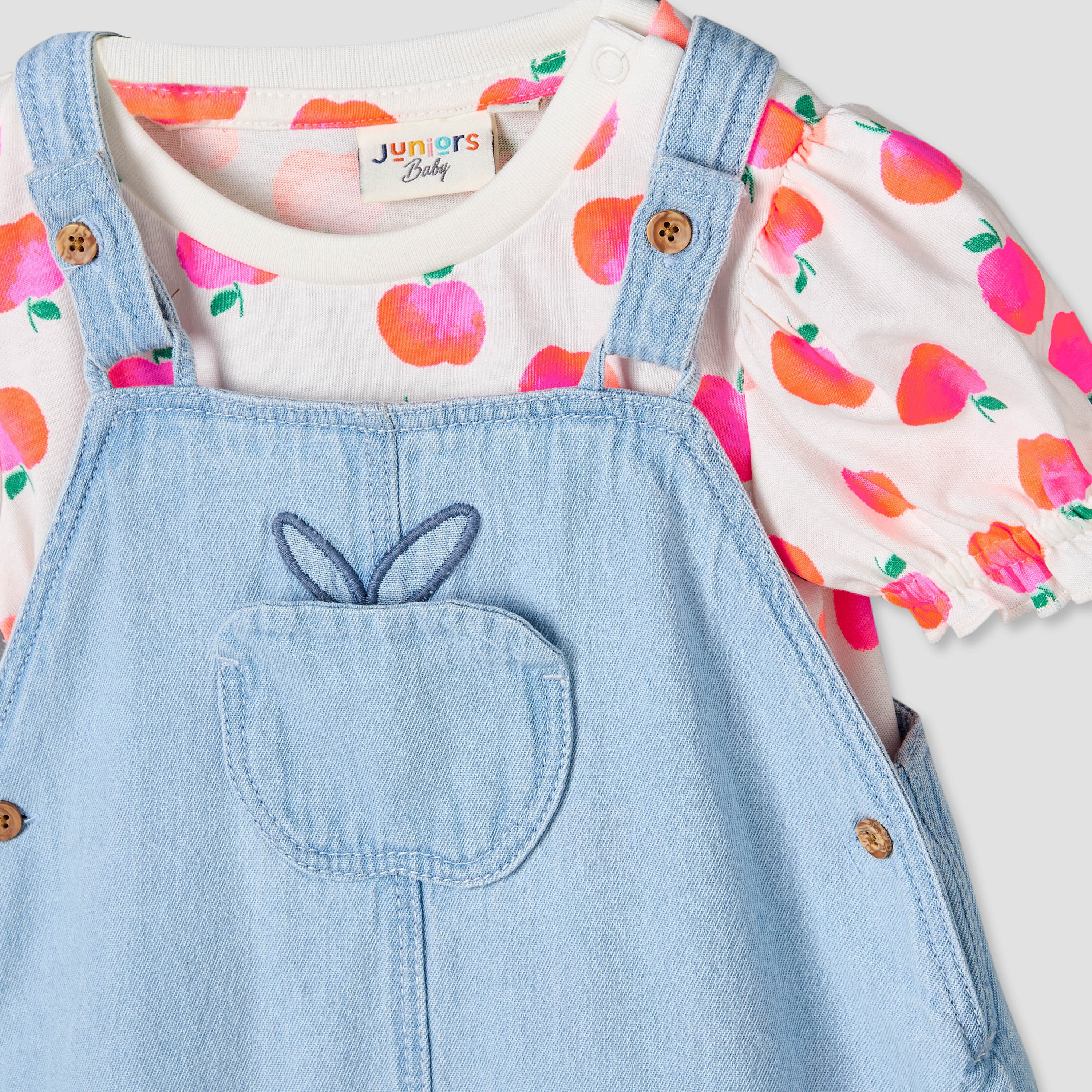 Juniors Round Neck Short Sleeves Top and Denim Pinafore Set with Apple Print-baby-girls-clothing-dressesandjumpsuits-image-6