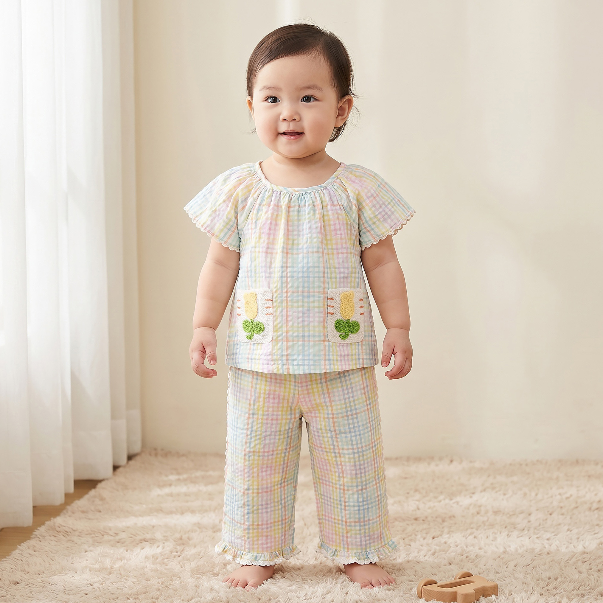 طقم توب بياقة دائرية وأكمام قصيرة مع بنطلون بتطريز زهور من جونيورز-baby-girls-clothing-setsandcoords-image-1