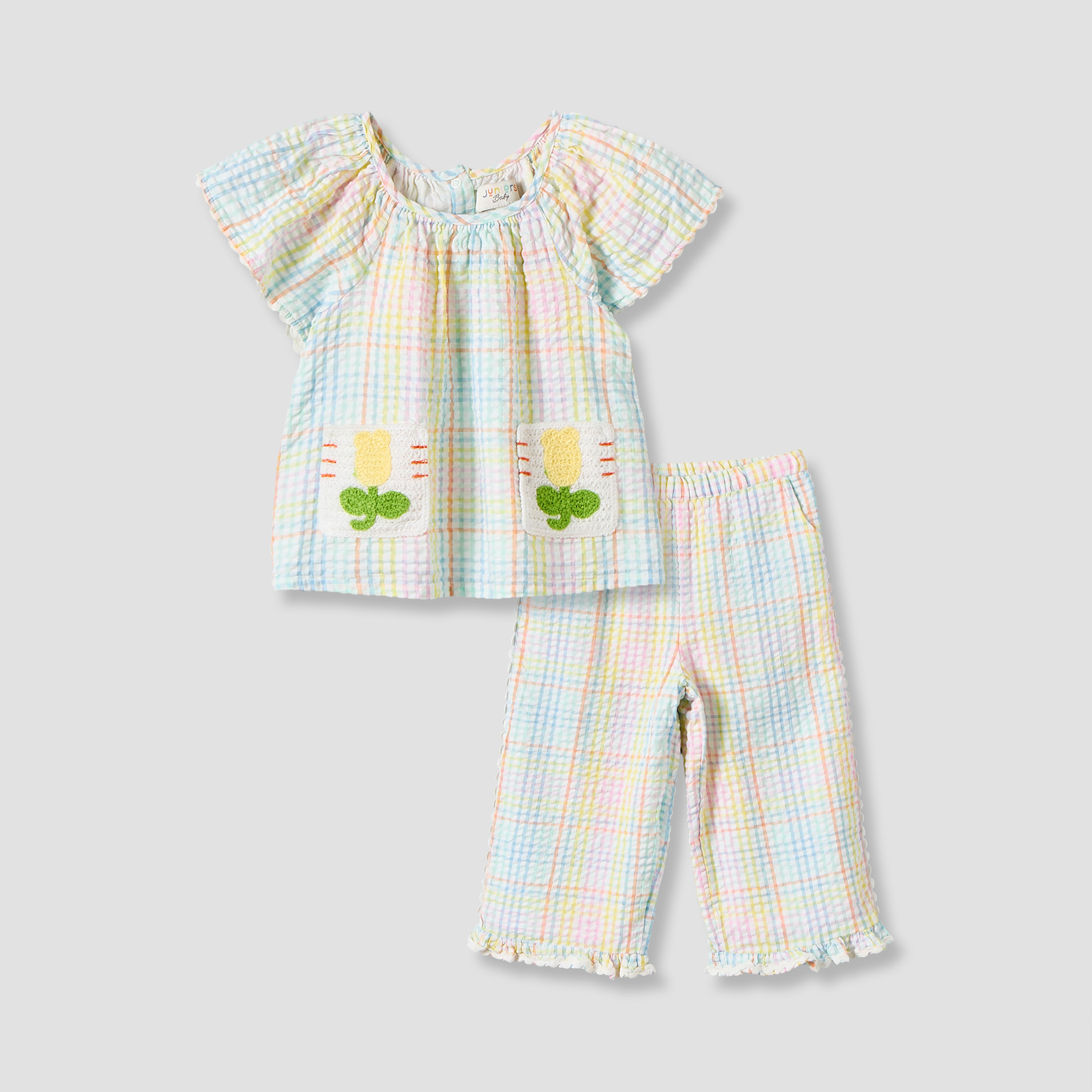 طقم توب بياقة دائرية وأكمام قصيرة مع بنطلون بتطريز زهور من جونيورز-baby-girls-clothing-setsandcoords-image-2