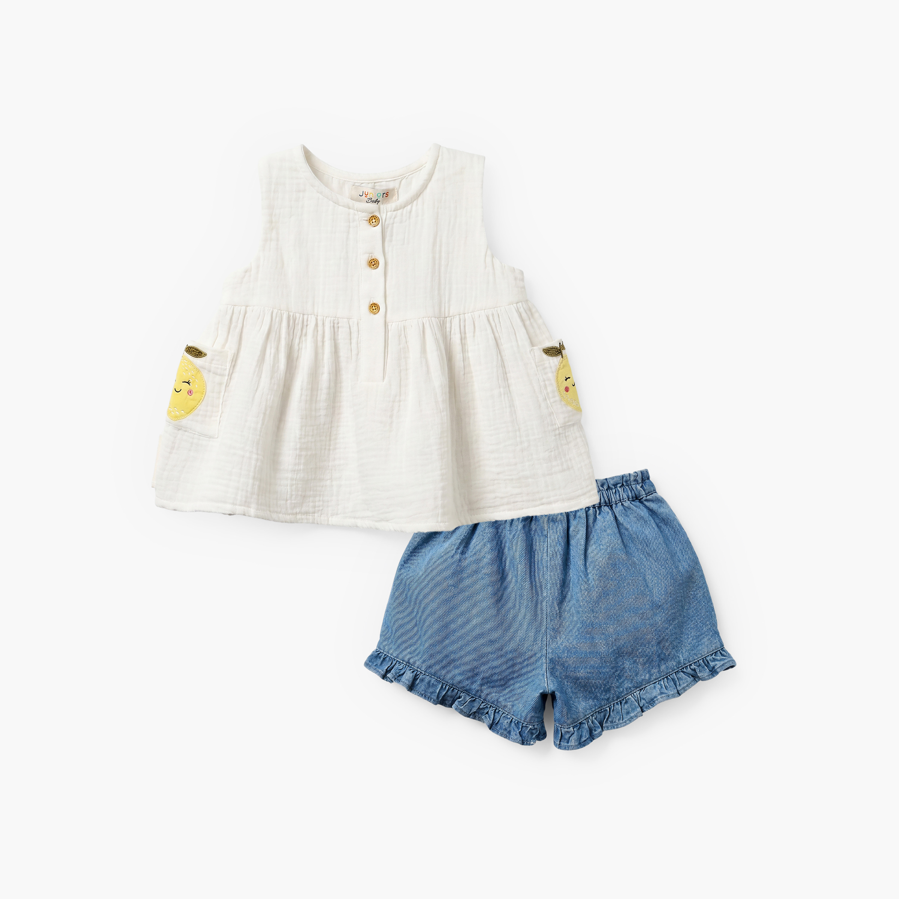 Juniors Round Neck Sleeveless Top and Shorts Set with Embroidery-baby-girls-clothing-setsandcoords-image-1