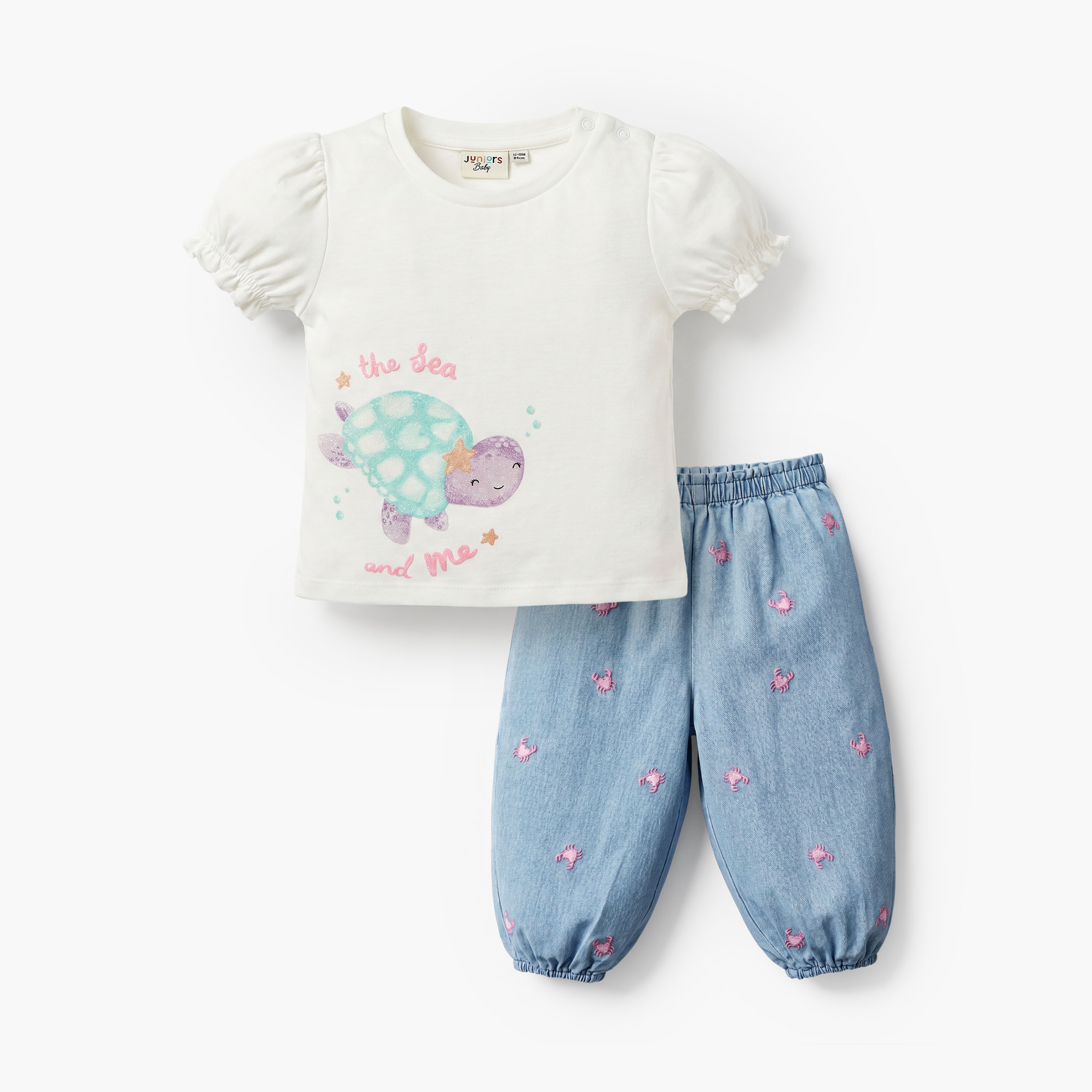 Juniors Crew Neck Short Sleeves Top and Denim Joggers Set with Turtle Print-baby-girls-clothing-setsandcoords-image-1