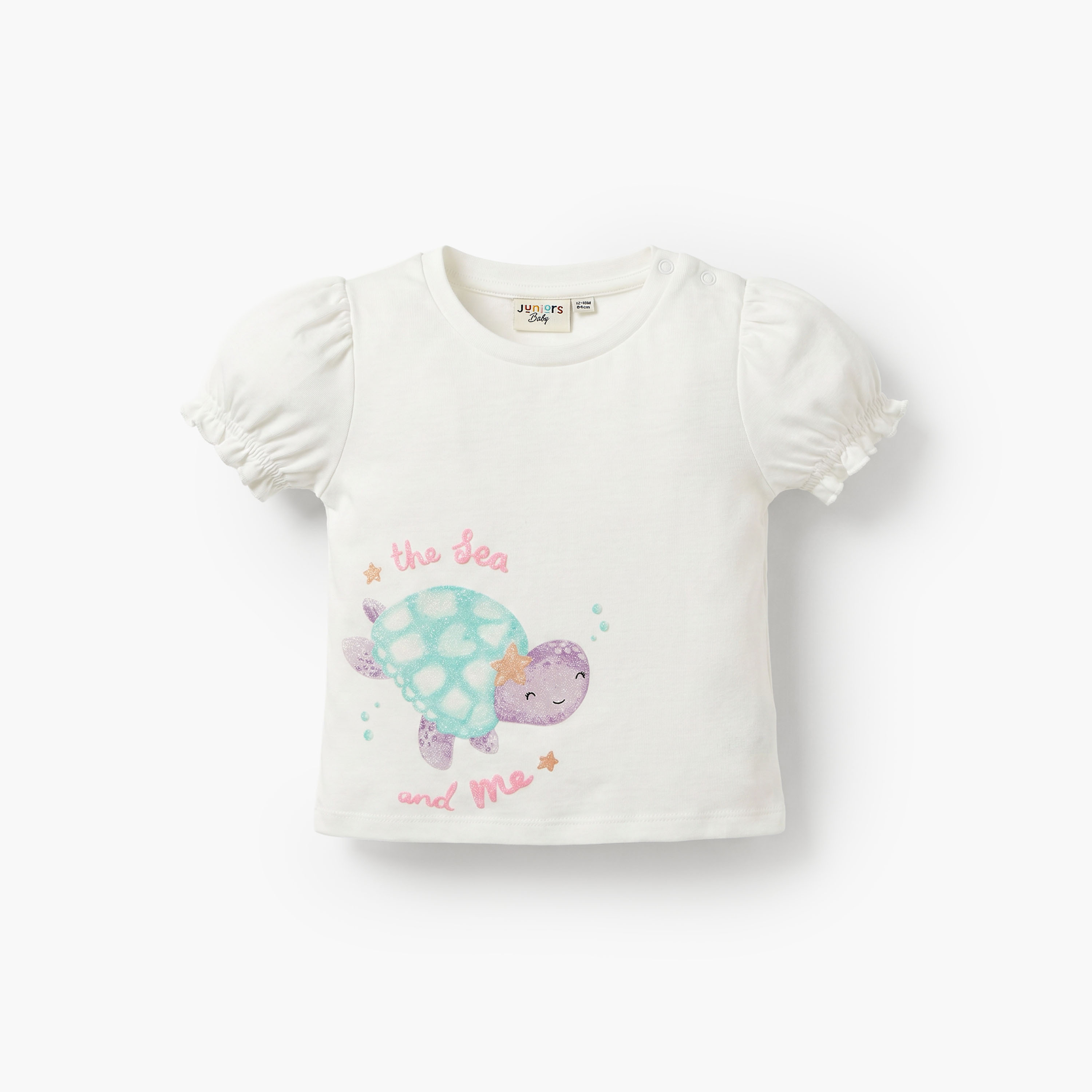 Juniors Crew Neck Short Sleeves Top and Denim Joggers Set with Turtle Print-baby-girls-clothing-setsandcoords-image-2