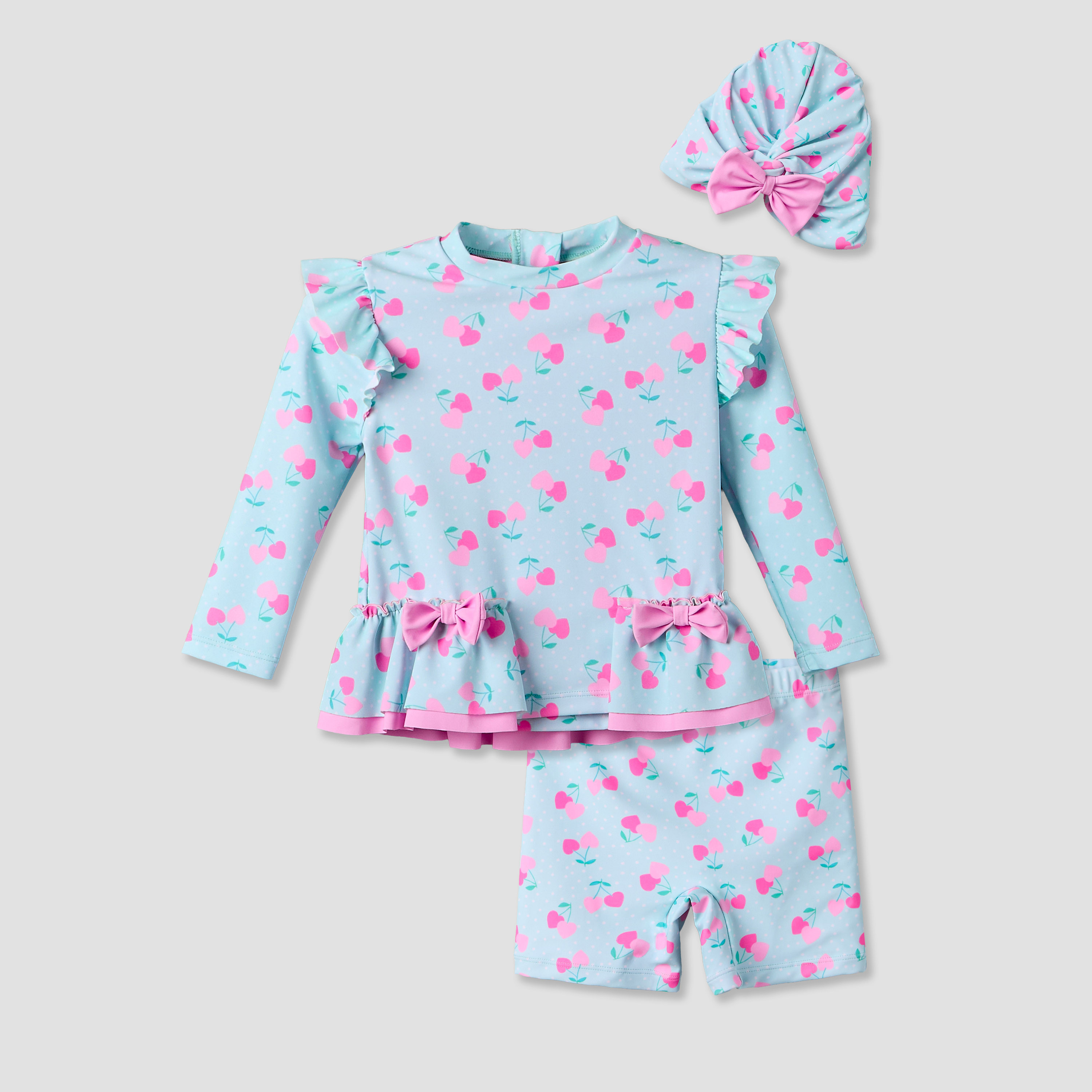 Set of 3 Juniors Crew Neck Long Sleeves Swimsuit with Cherry Heart Print-baby-girls-clothing-swimwear-image-2