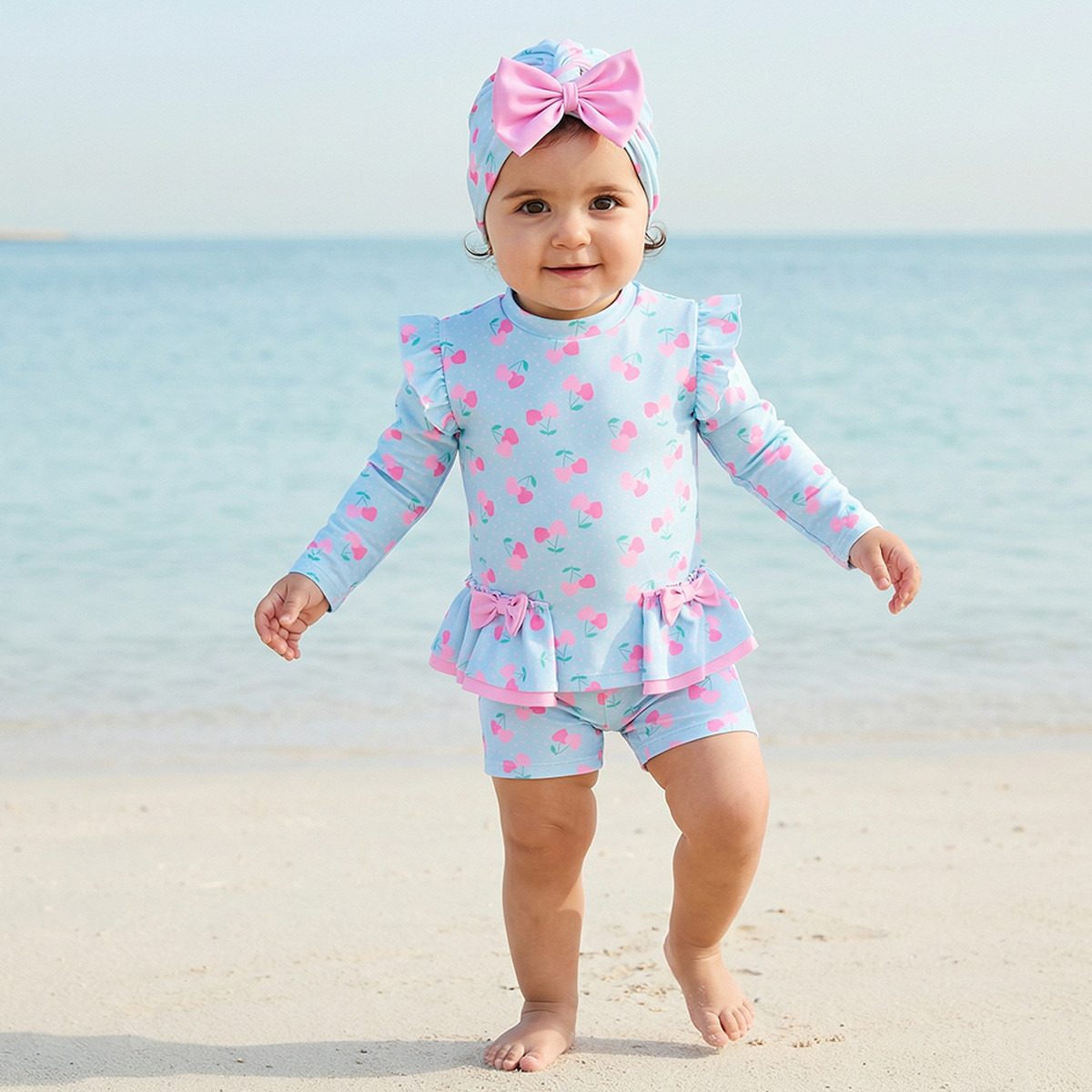 Set of 3 Juniors Crew Neck Long Sleeves Swimsuit with Cherry Heart Print-baby-girls-clothing-swimwear-image-1