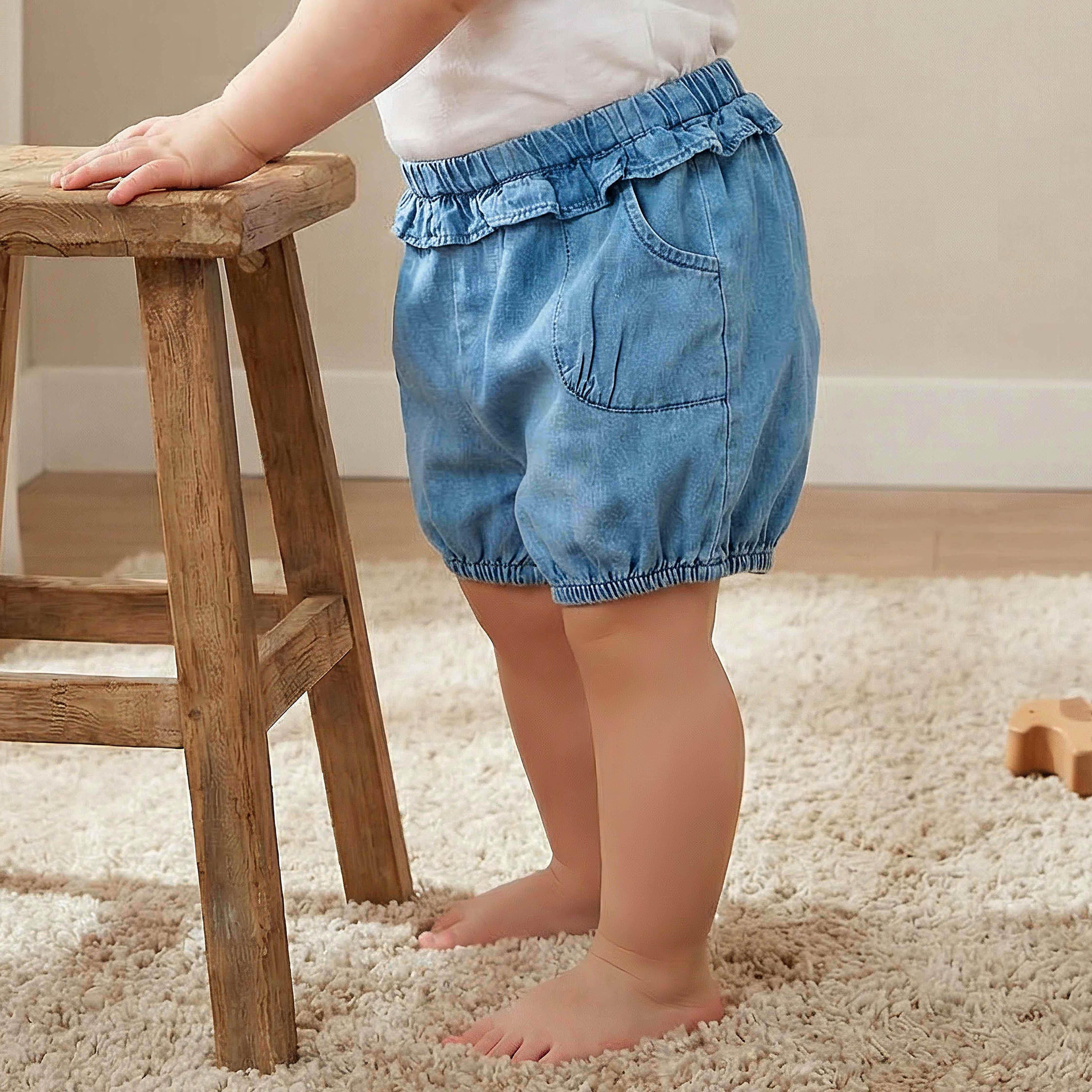 Juniors Elasticated Denim Shorts with Ruffle Detail-baby-girls-clothing-bottoms-shorts-image-1
