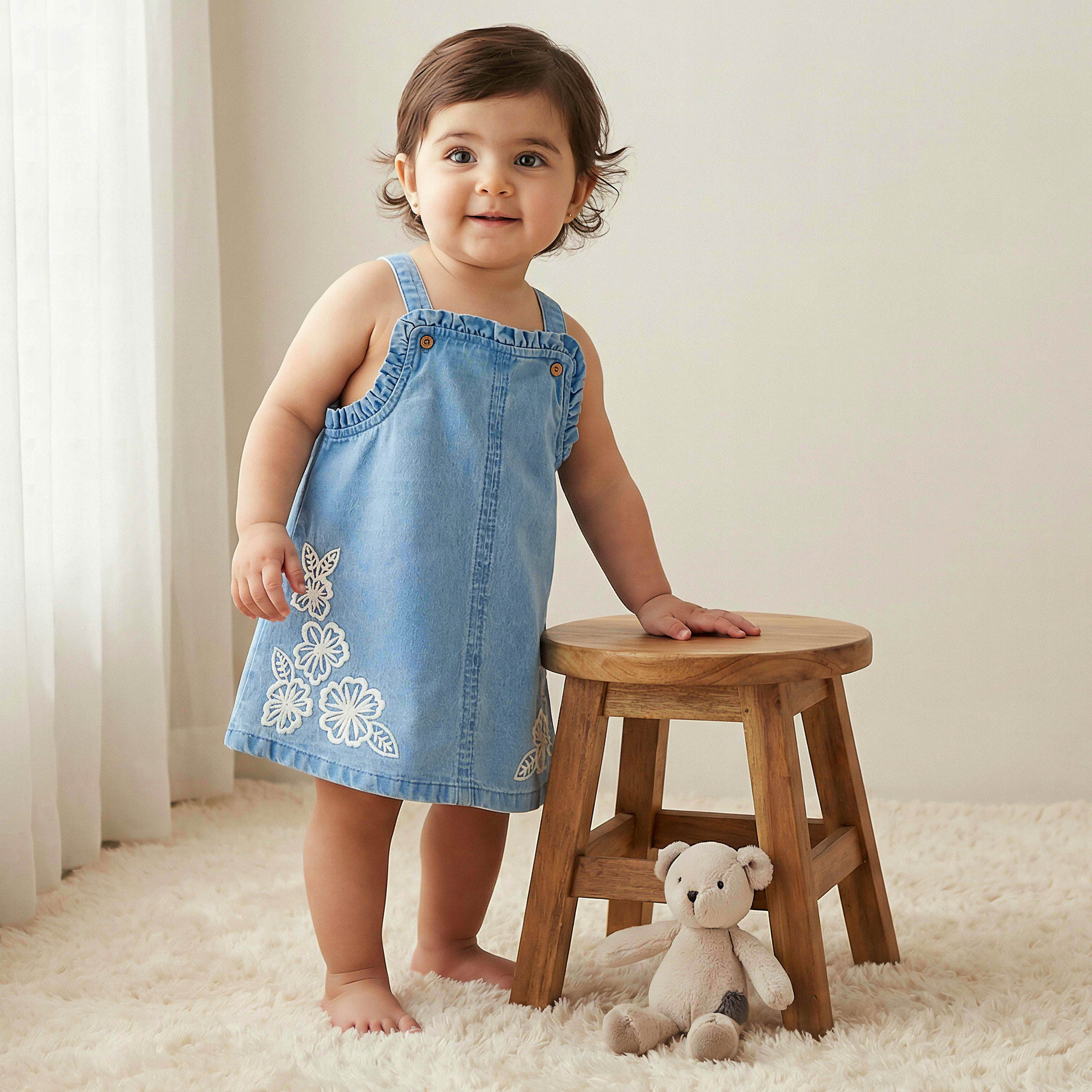 Juniors Square Neck Sleeveless Pinafore with Floral Embroidery-girls-clothing-dressesandjumpsuits-image-1