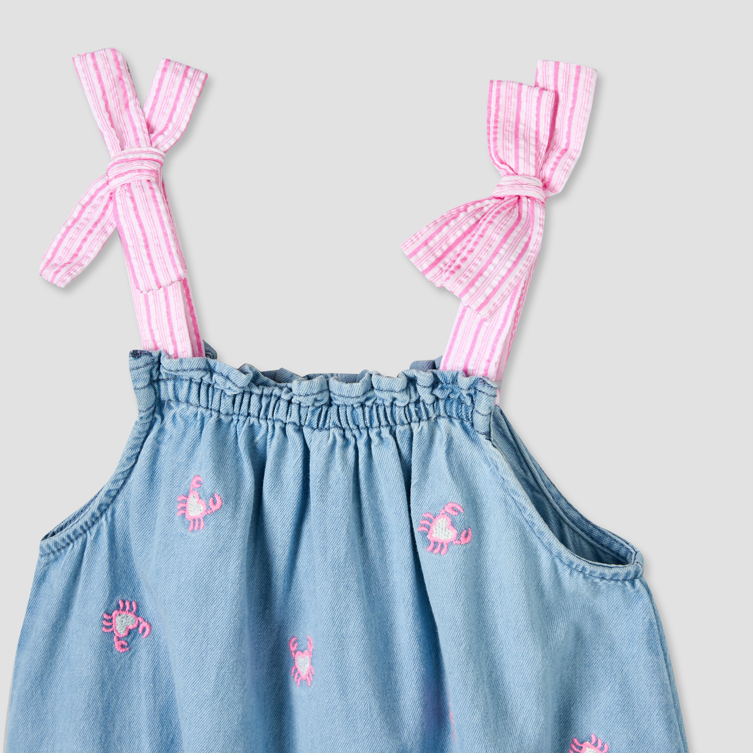 Juniors Square Neck Sleeveless Dungaree with Crab Embroidery-baby-girls-clothing-rompers-image-3