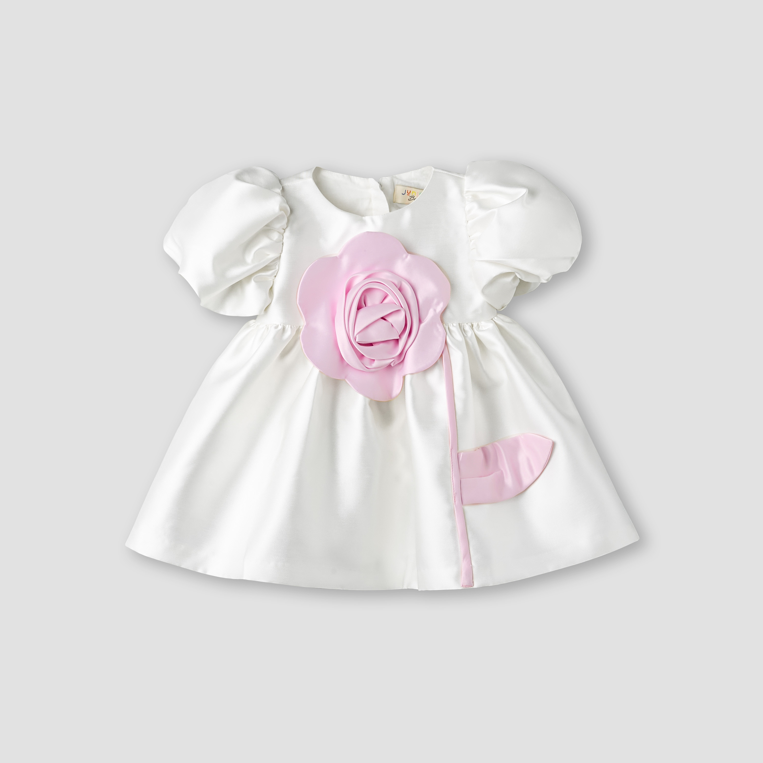 Juniors Round Neck Short Puff Sleeves Dress with Floral Applique-baby-girls-clothing-dressesandjumpsuits-image-2