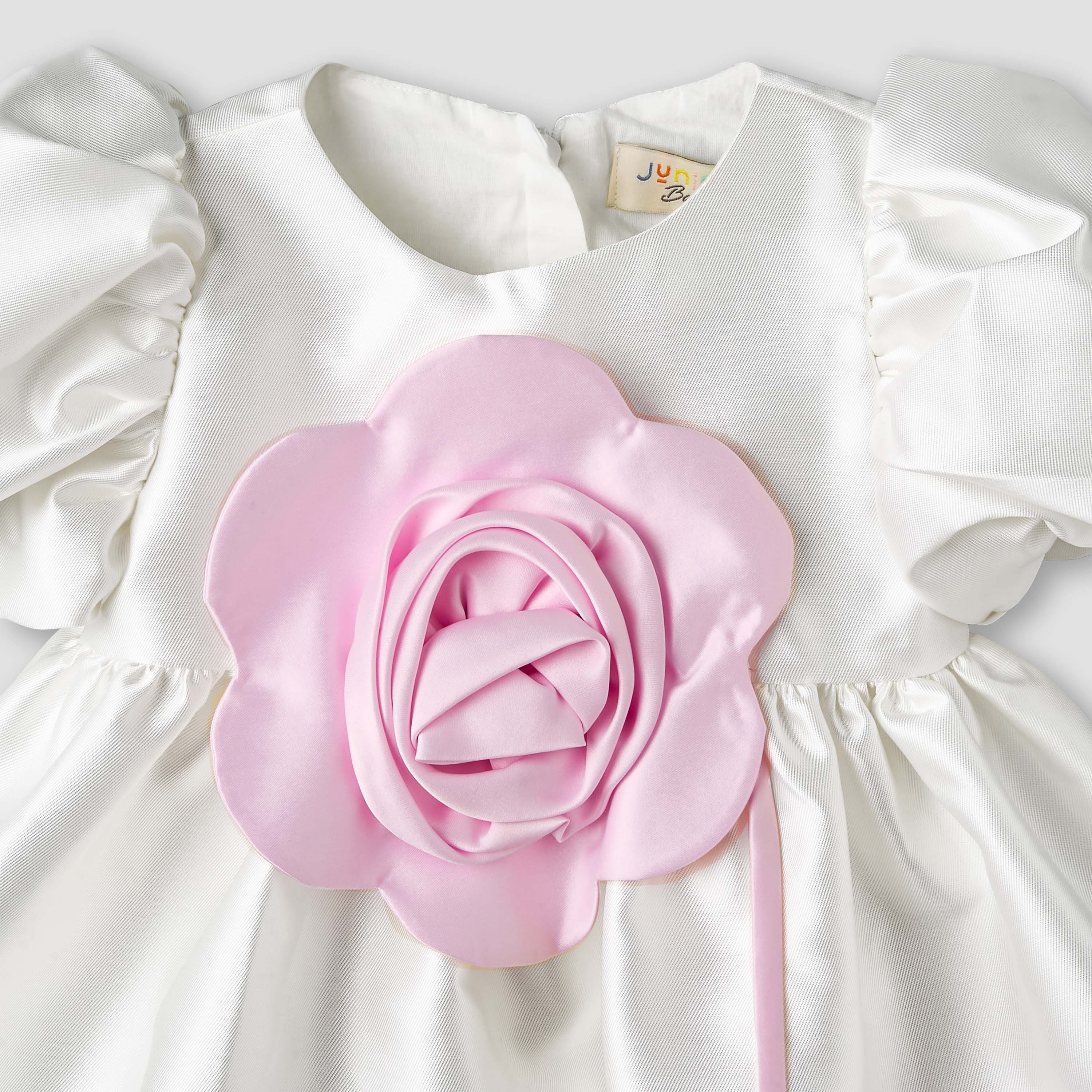 Juniors Round Neck Short Puff Sleeves Dress with Floral Applique-baby-girls-clothing-dressesandjumpsuits-image-4