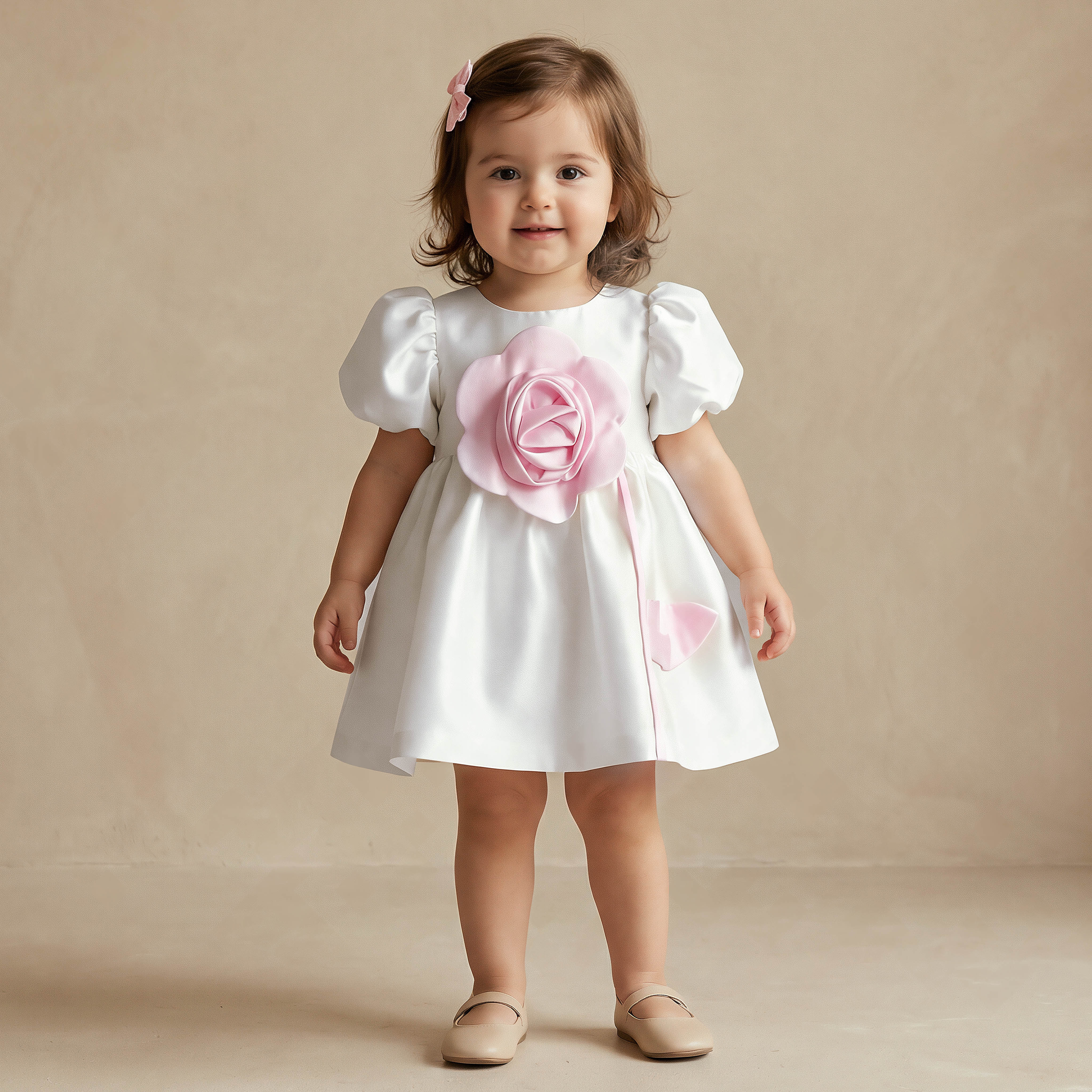 Juniors Round Neck Short Puff Sleeves Dress with Floral Applique-baby-girls-clothing-dressesandjumpsuits-image-1