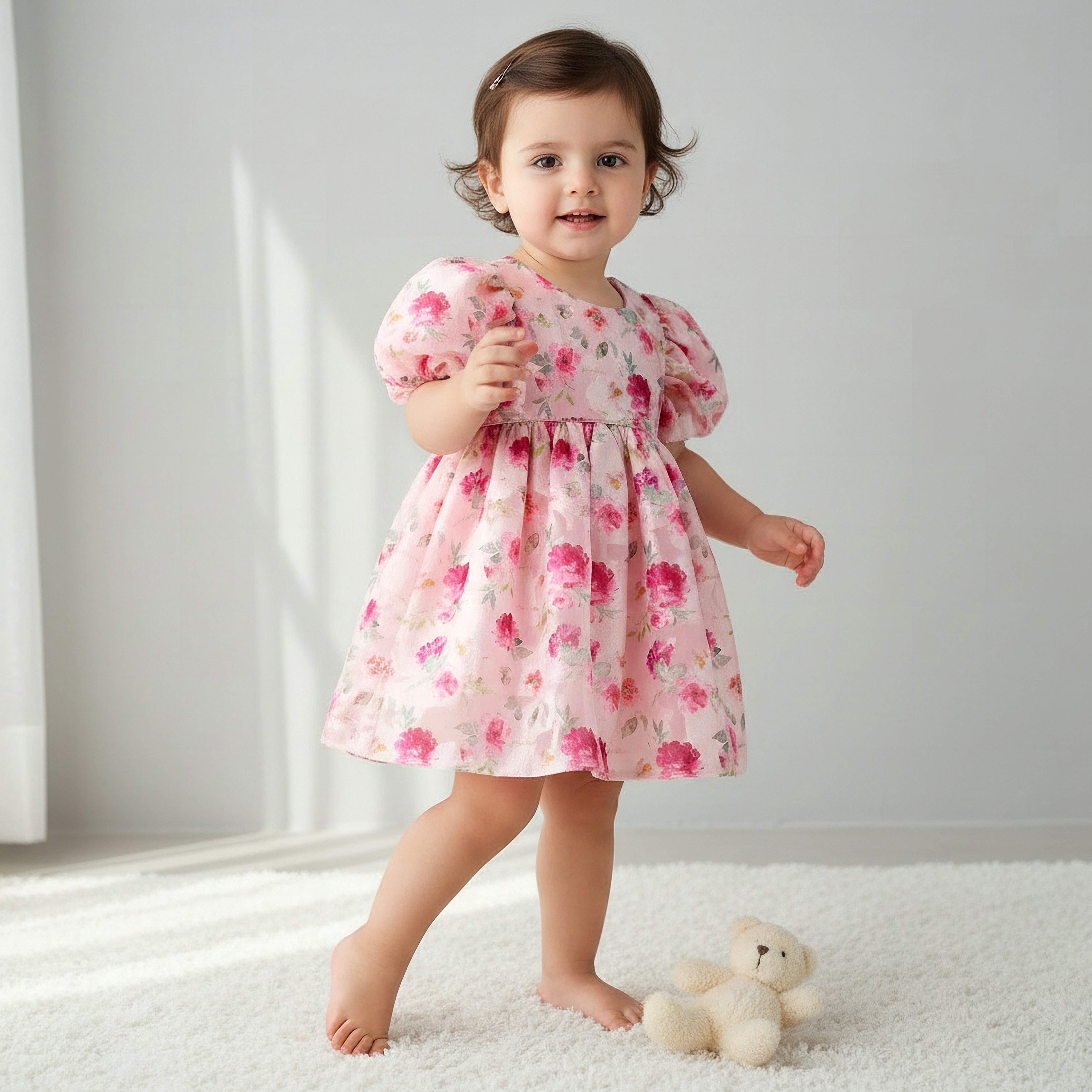فستان بياقة مستديرة وأكمام قصيرة منفوخة وطبعات من جونيورز-baby-girls-clothing-dressesandjumpsuits-image-1