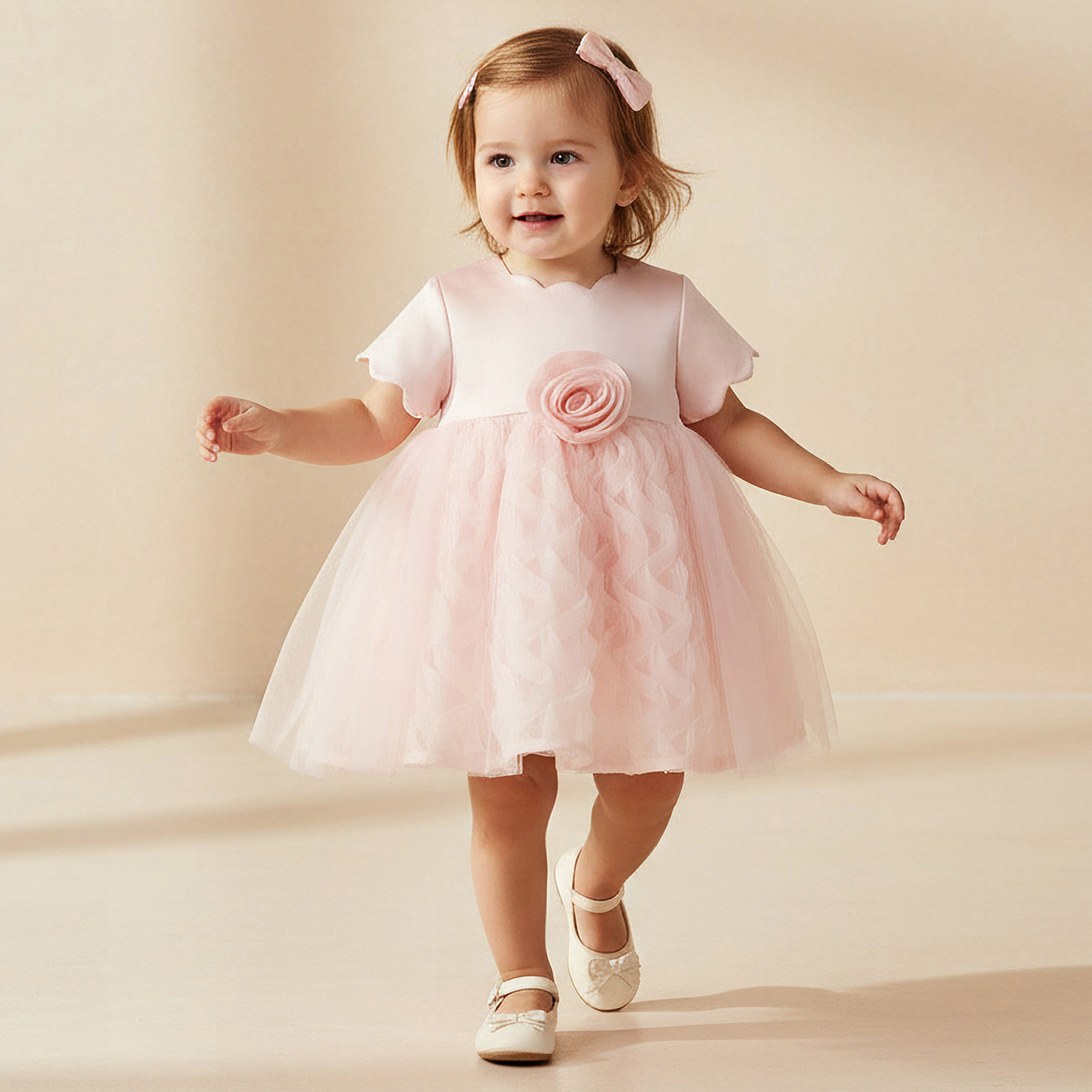 فستان بزينة وردة وياقة عميقة وأكمام قصيرة من جونيورز-baby-girls-clothing-dressesandjumpsuits-image-1