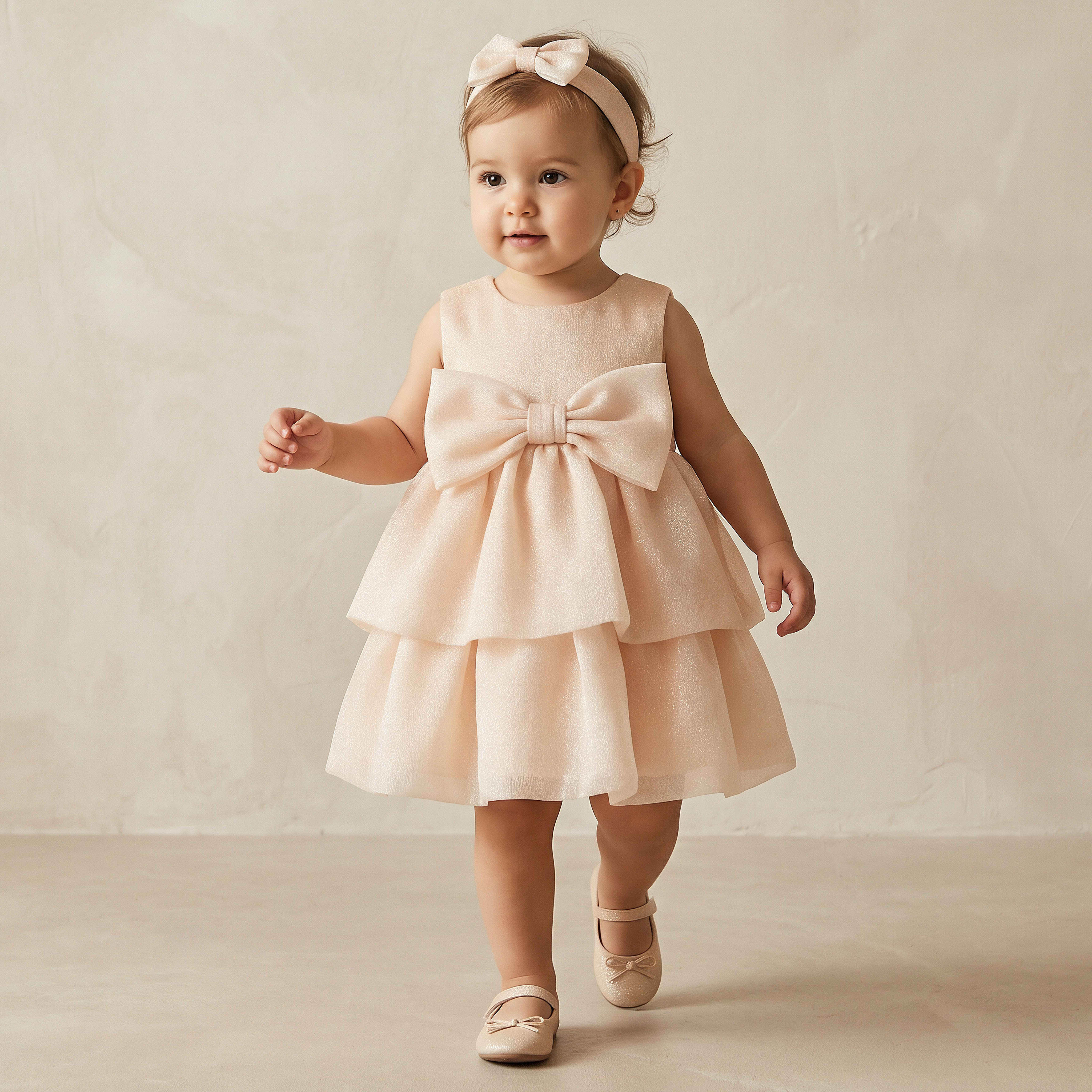 فستان طبقات بياقة مستديرة بدون أكمام مع فيونكة وربطة رأس من جونيورز-baby-girls-clothing-dressesandjumpsuits-image-1