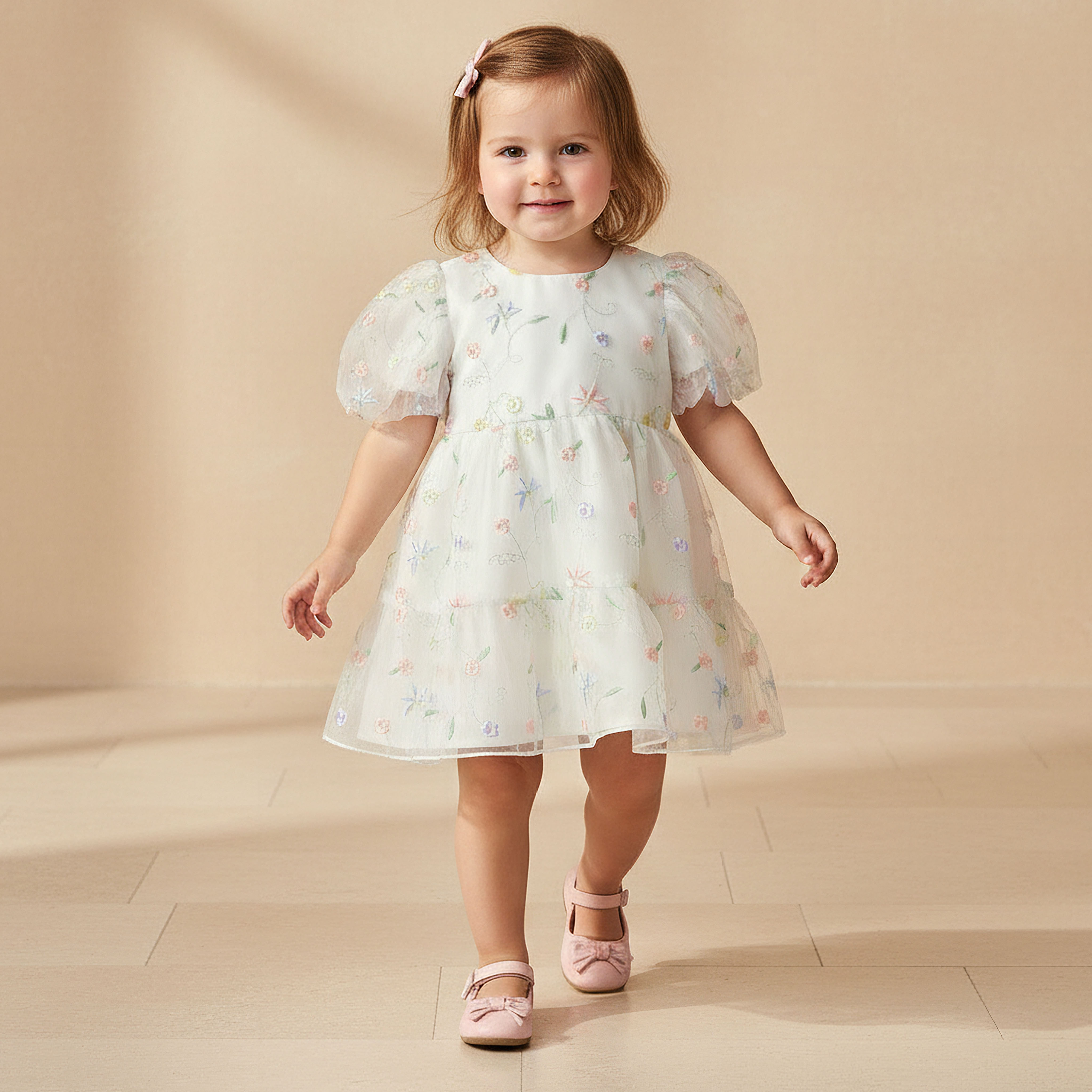فستان بياقة مستديرة وأكمام قصيرة وتطريز زهري من جونيورز-baby-girls-clothing-dressesandjumpsuits-image-1