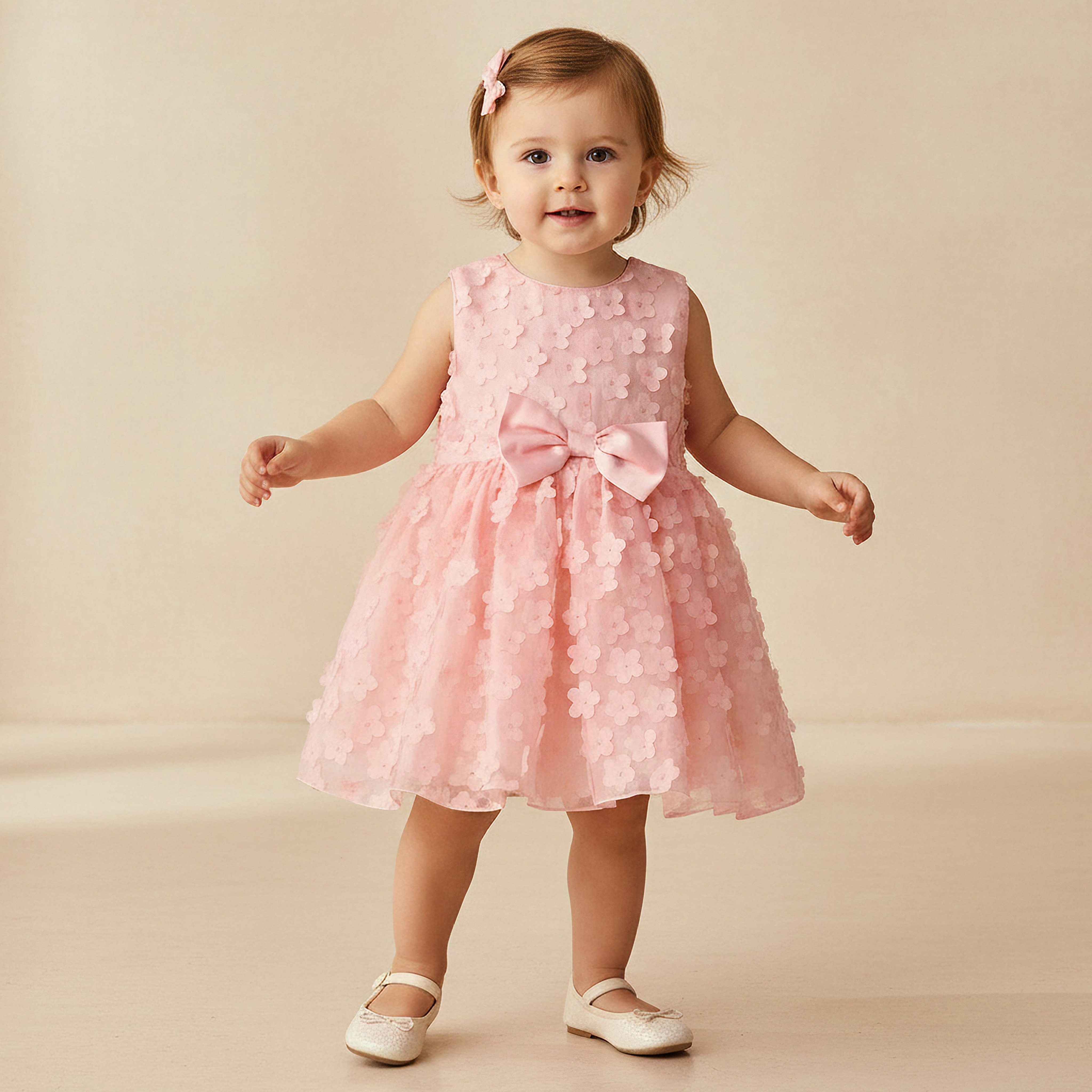 فستان بياقة مستديرة بدون أكمام مع تصميم بزينة زهور من جونيورز-baby-girls-clothing-dressesandjumpsuits-image-1