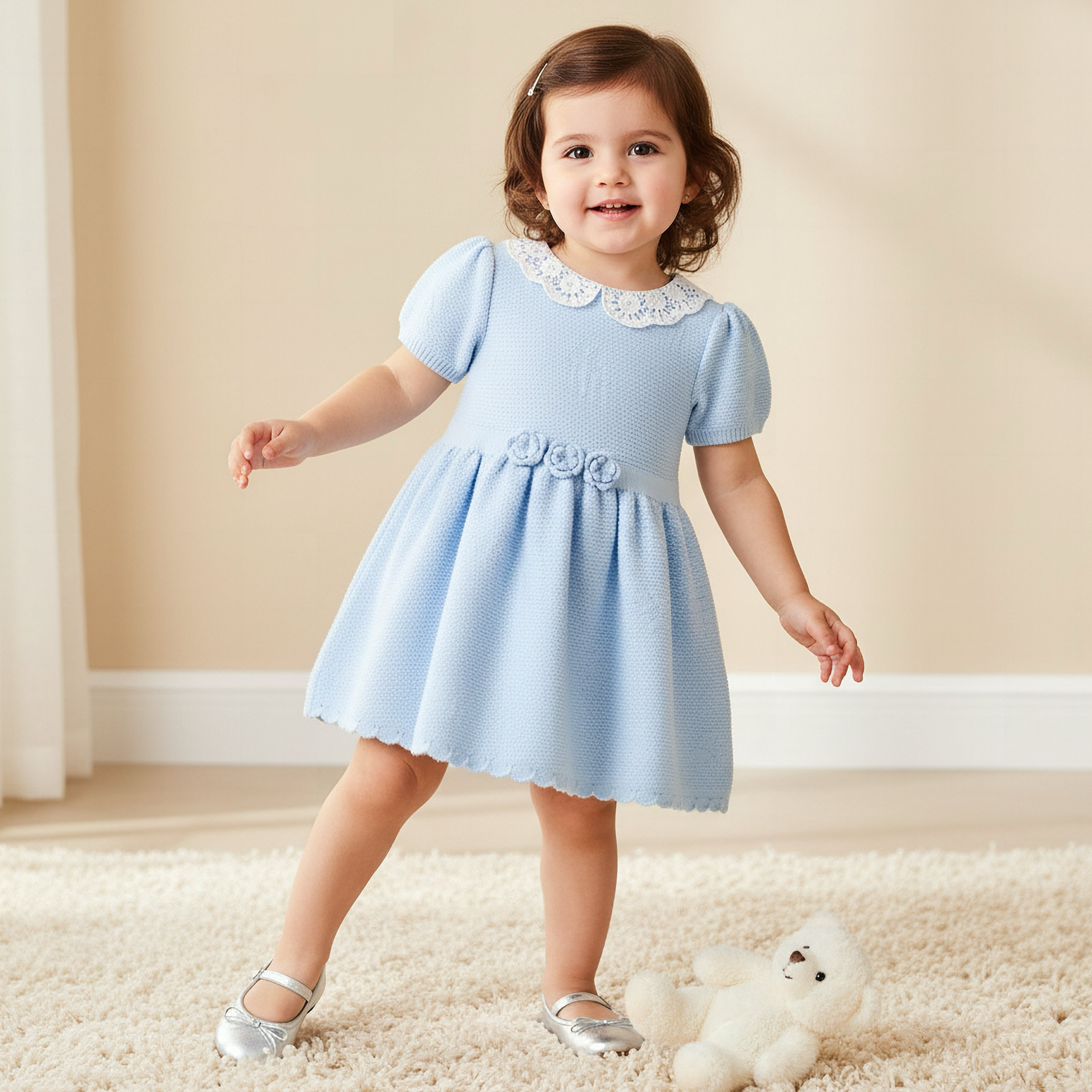 Giggles Peter Pan Collar Short Sleeve A-line Dress with Floral Applique-baby-girls-clothing-dressesandjumpsuits-image-1