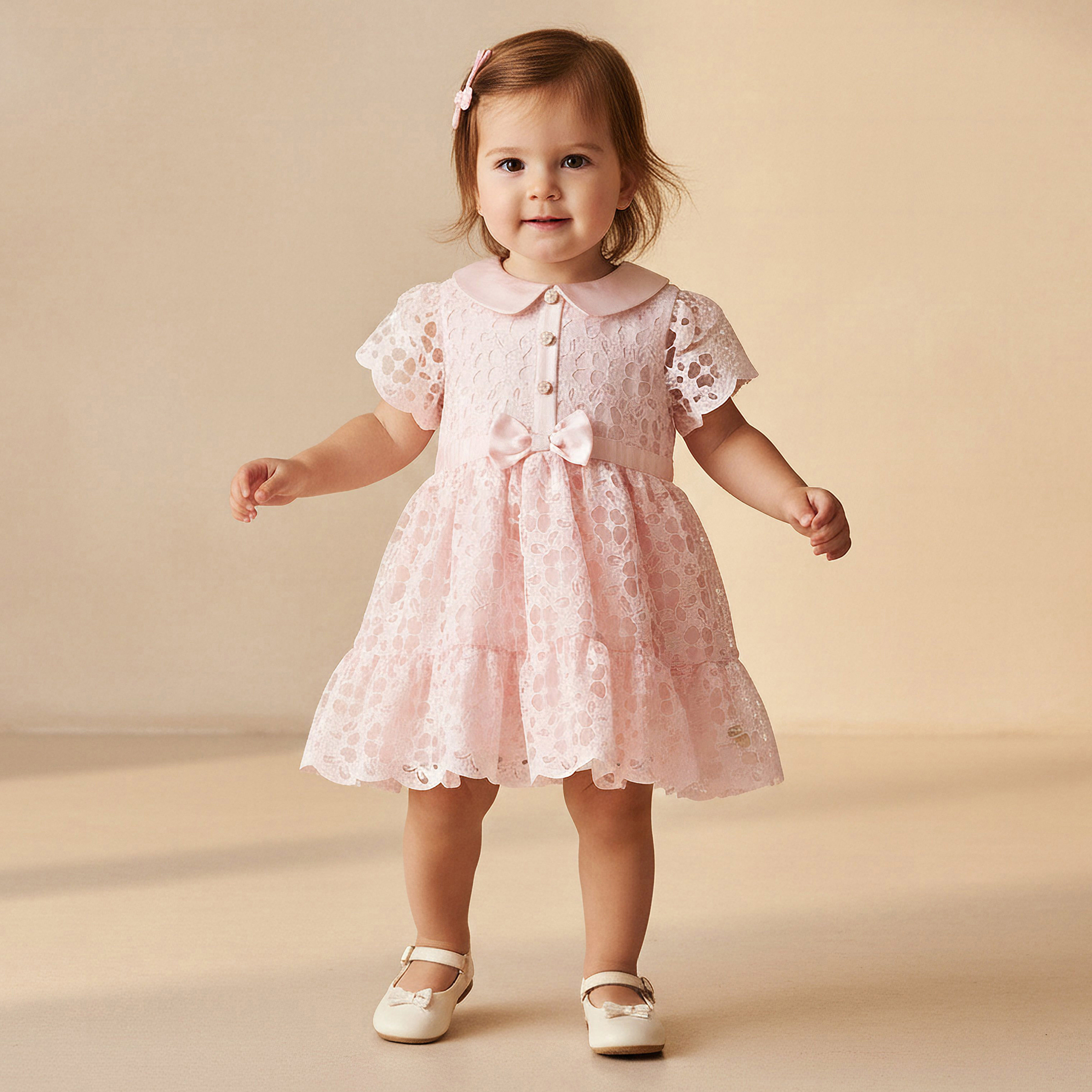 Giggles Peter Pan Collar Short Sleeves A-line Dress with Lace and Bow Design-baby-girls-clothing-dressesandjumpsuits-image-1