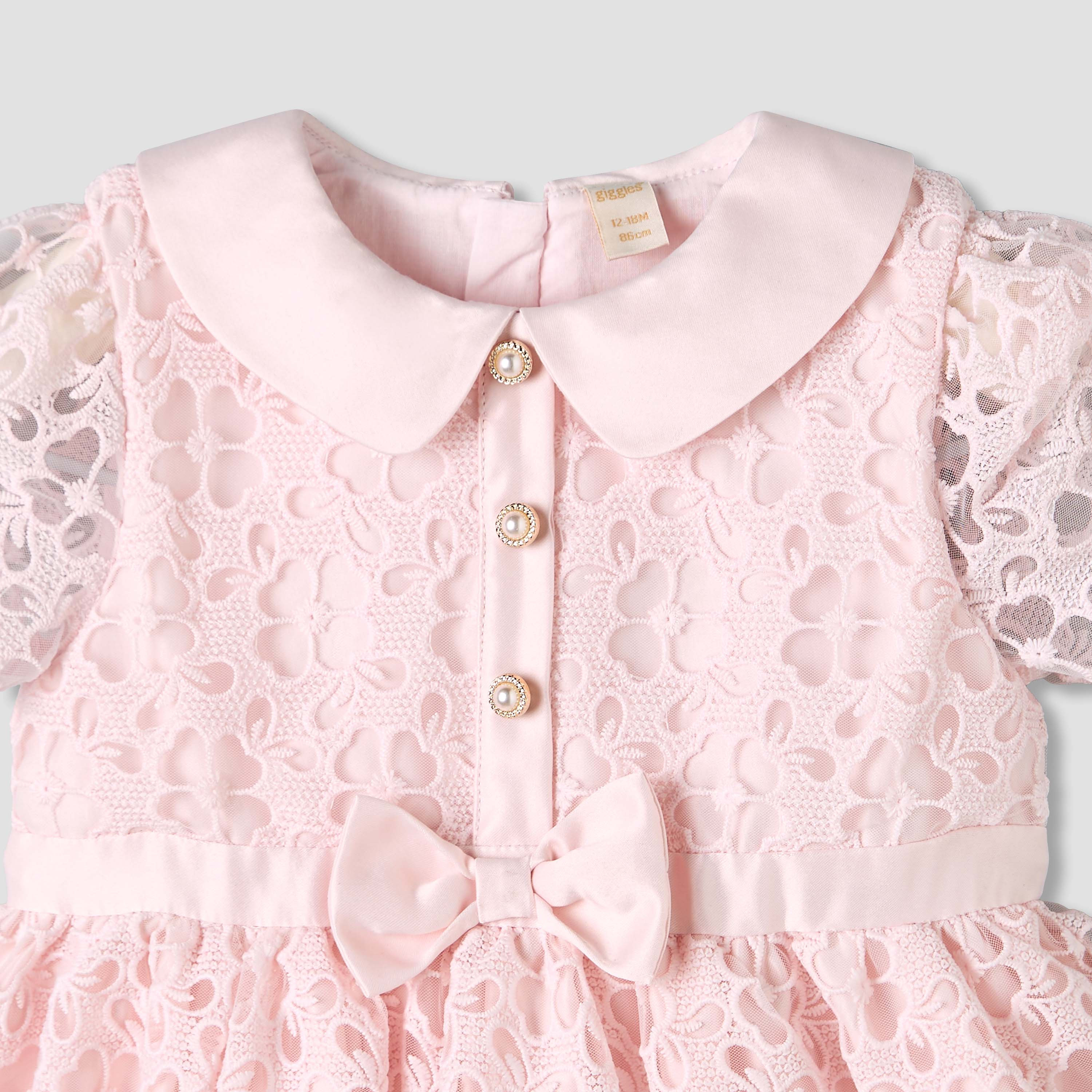 Giggles Peter Pan Collar Short Sleeves A-line Dress with Lace and Bow Design-baby-girls-clothing-dressesandjumpsuits-image-4
