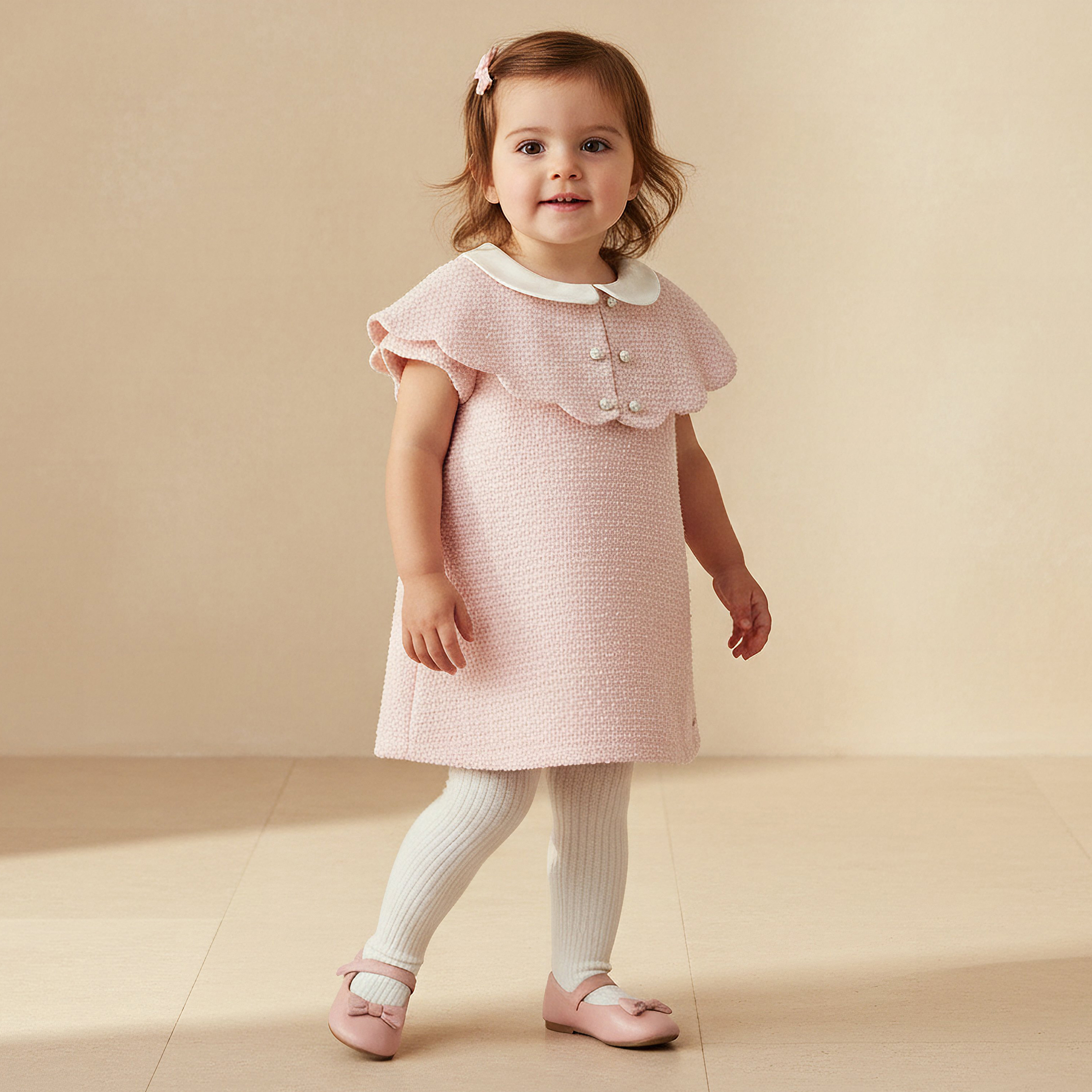Giggles Peter Pan Collar Short Sleeves A-line Dress with Tights-baby-girls-clothing-setsandcoords-image-1