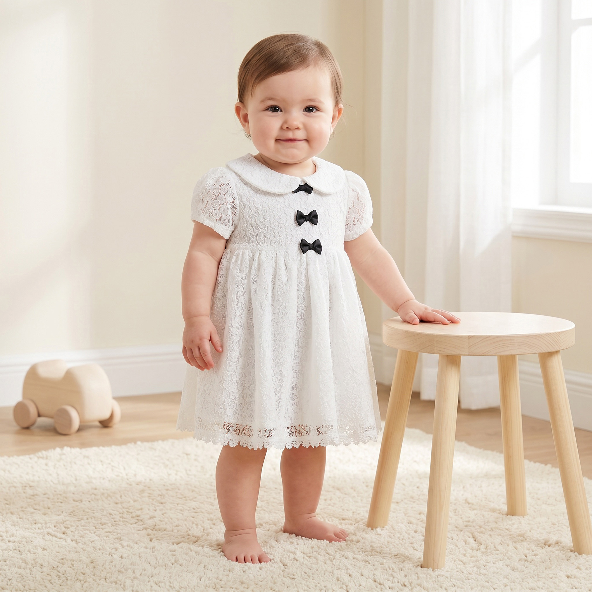 Giggles Peter Pan Collar Short Sleeves A-line Dress with Bow Detail-baby-girls-clothing-dressesandjumpsuits-image-1