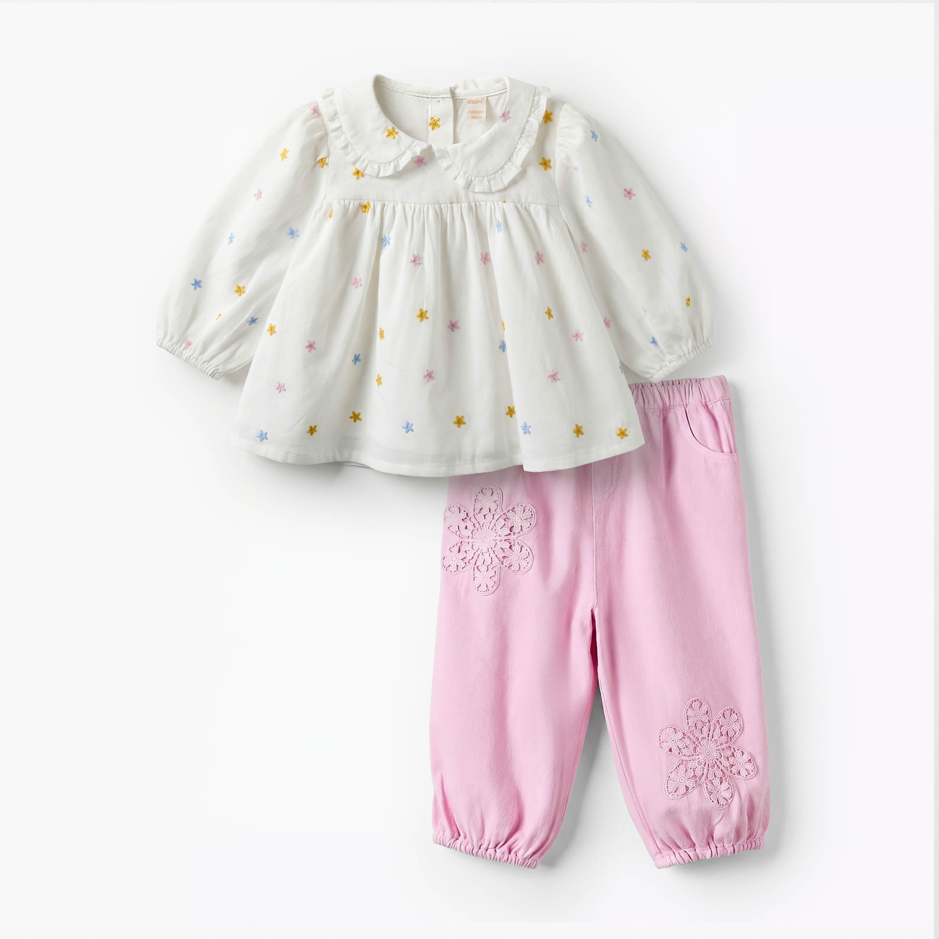 Giggles Peter Pan Collar Long Sleeves Top and Pants Set with Floral Embroidery-baby-girls-clothing-setsandcoords-image-2