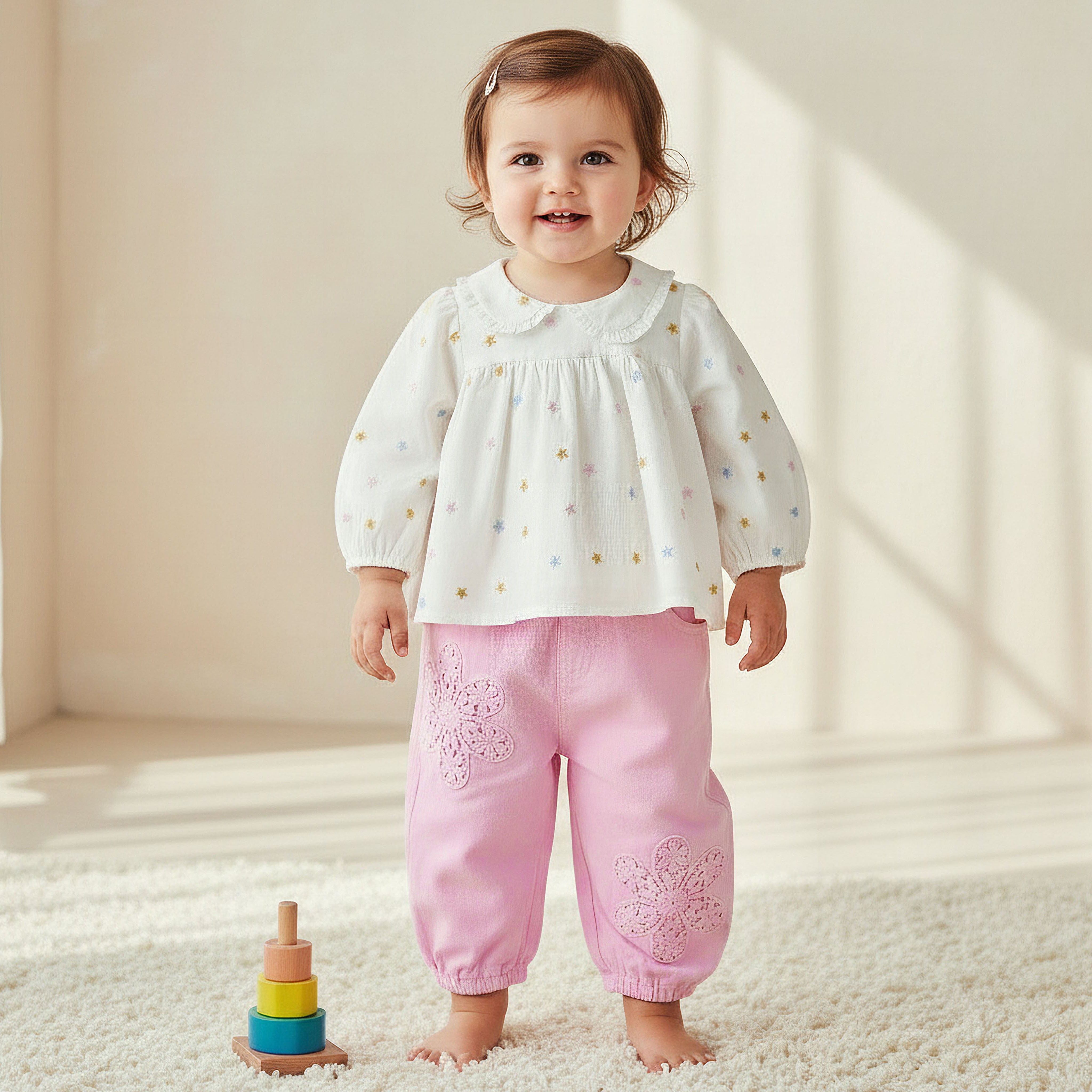 Giggles Peter Pan Collar Long Sleeves Top and Pants Set with Floral Embroidery-baby-girls-clothing-setsandcoords-image-1