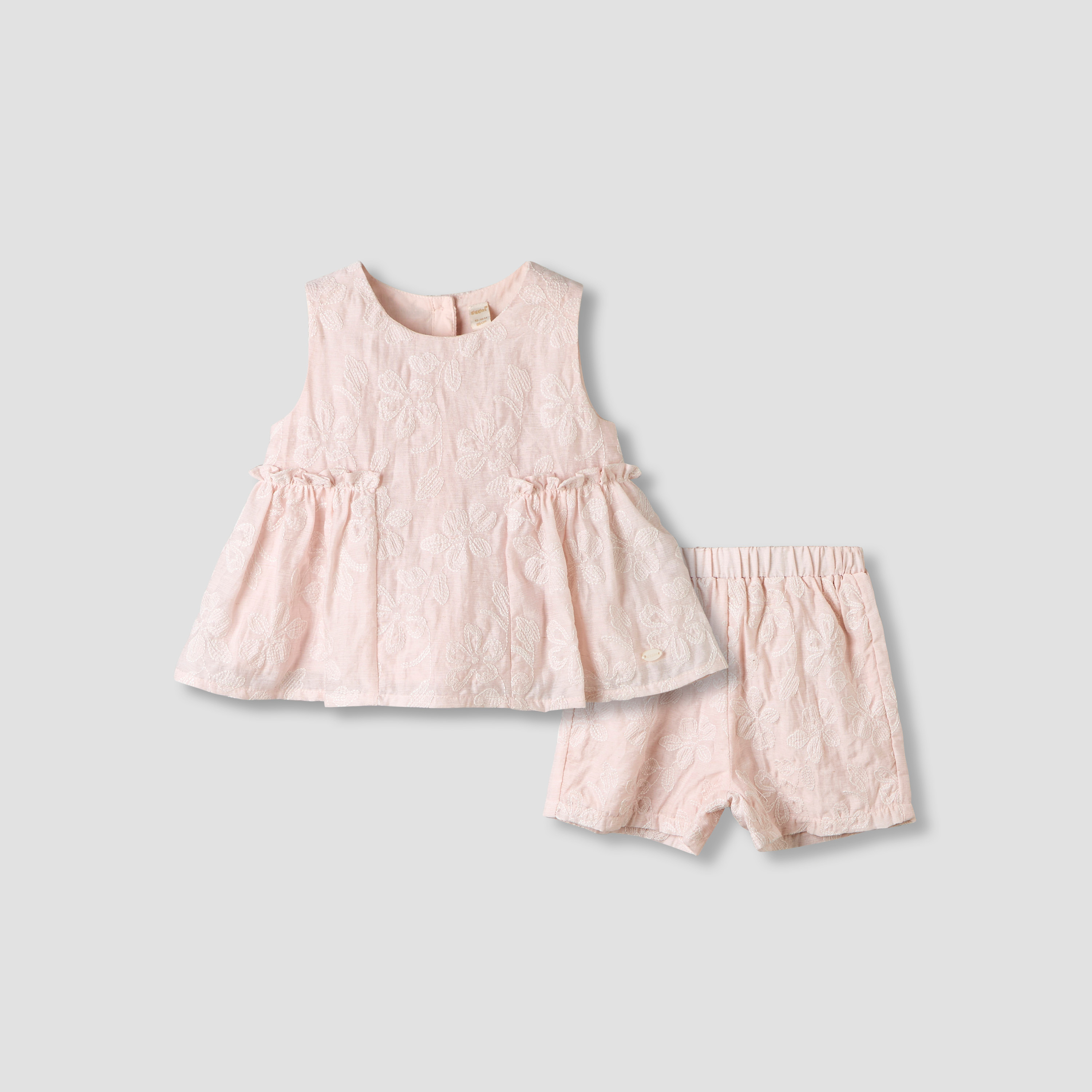 Giggles Round Neck Sleeveless Peplum Top and Shorts Set with Floral Embroidery-baby-girls-clothing-setsandcoords-image-1