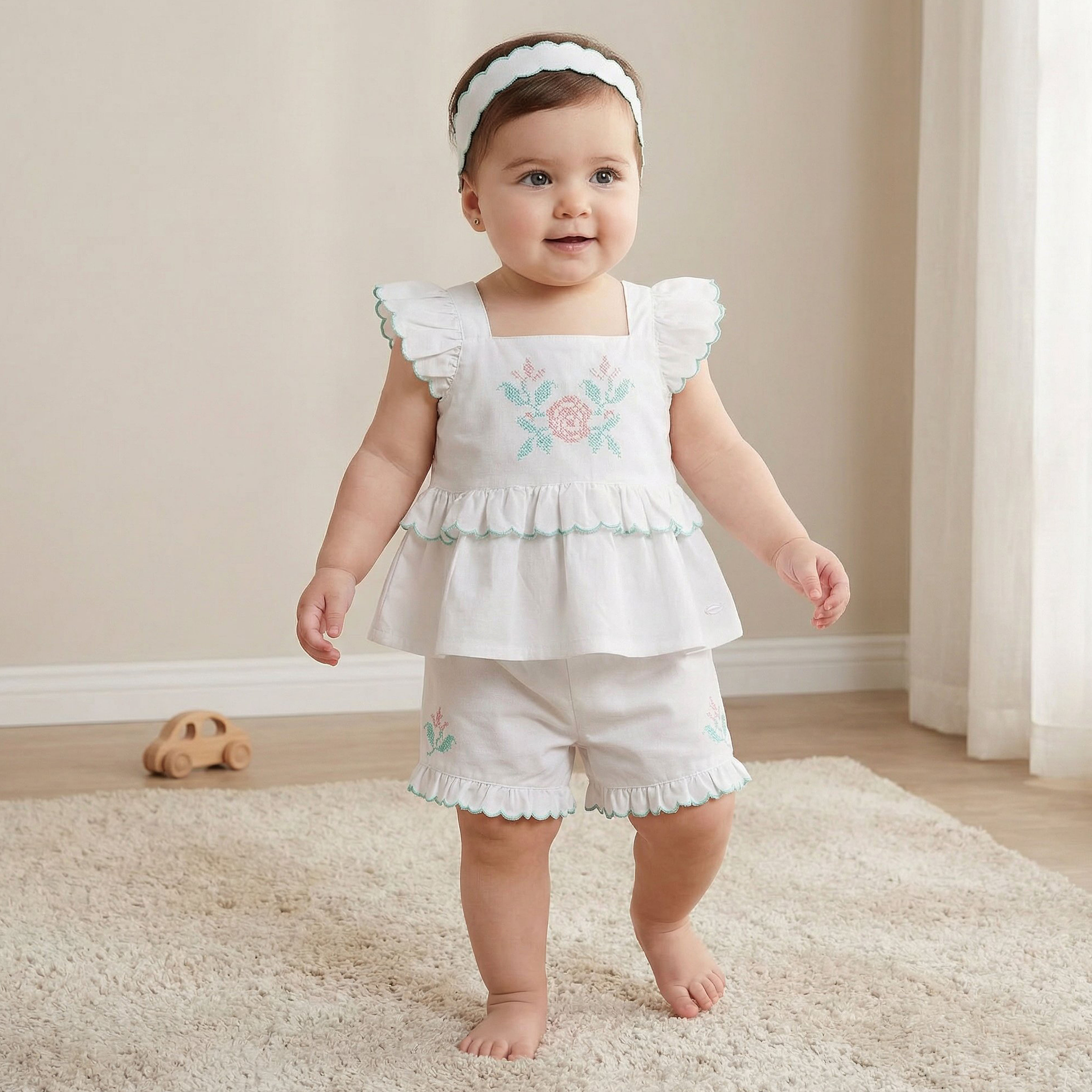 طقم بلوزة بياقة مربعة بدون أكمام وشورت مع ربطة رأس من جيجلز-baby-girls-clothing-setsandcoords-image-2