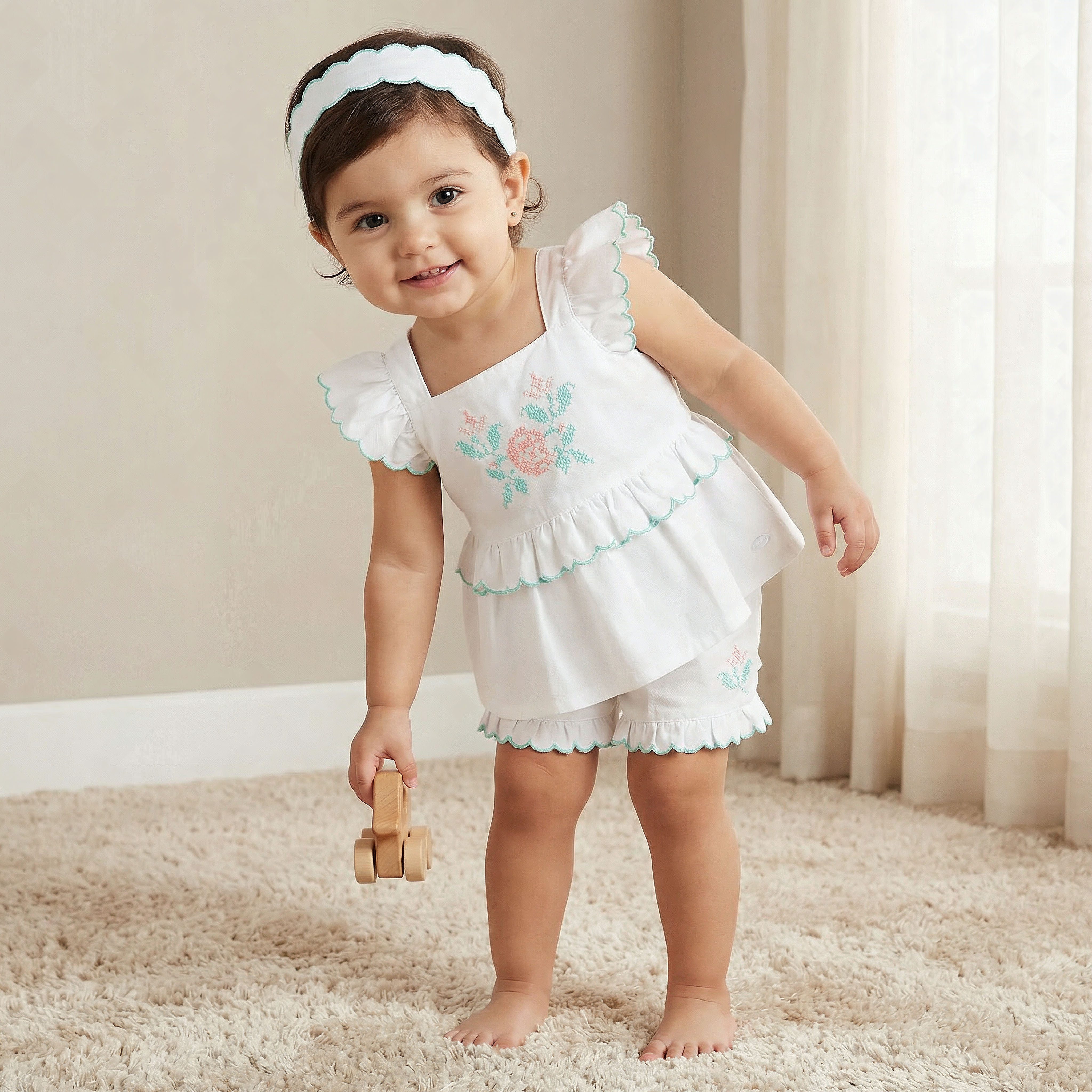 طقم بلوزة بياقة مربعة بدون أكمام وشورت مع ربطة رأس من جيجلز-baby-girls-clothing-setsandcoords-image-1