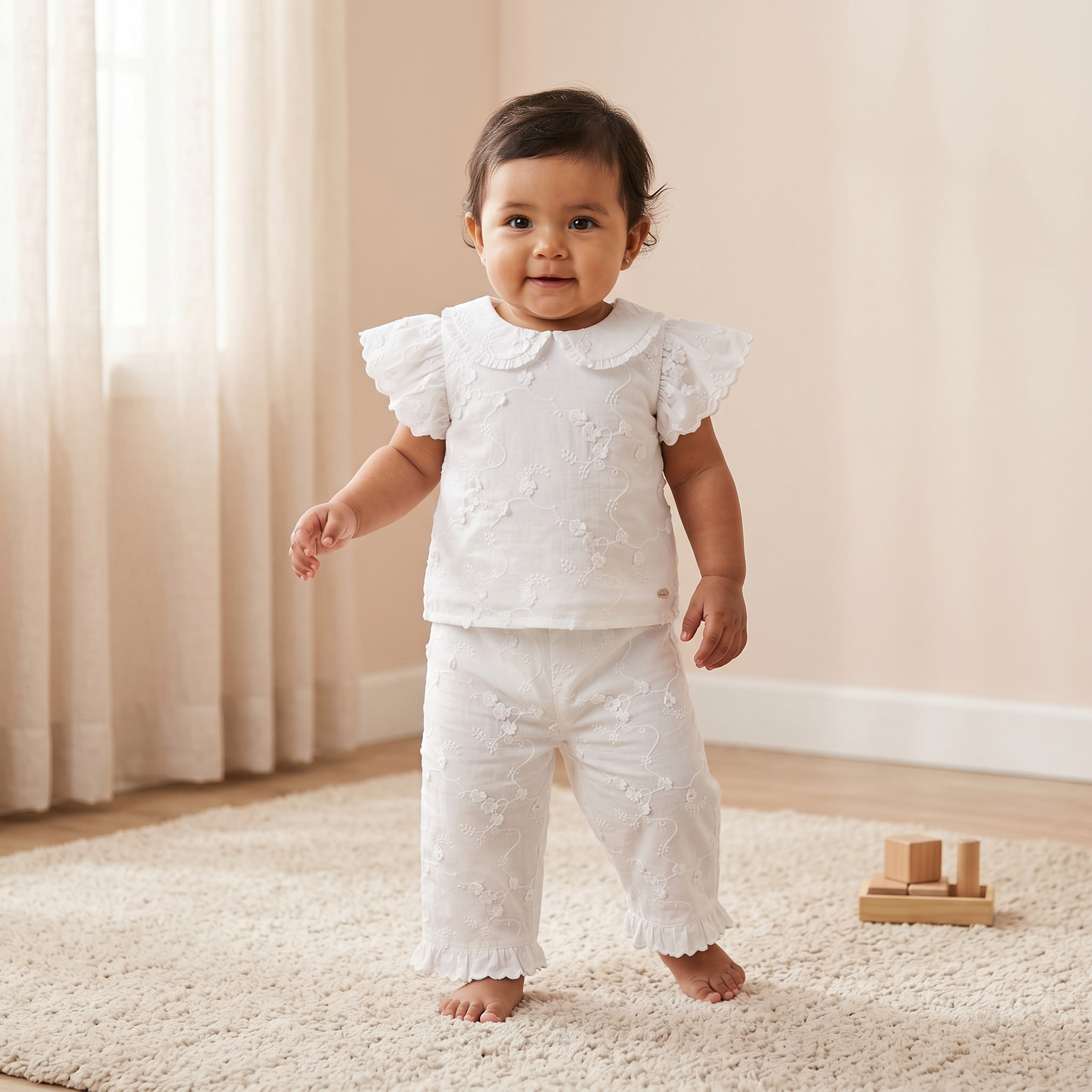 Giggles Round Neck Short Sleeves Top and Pants Set with Floral Embroidery-baby-girls-clothing-setsandcoords-image-2