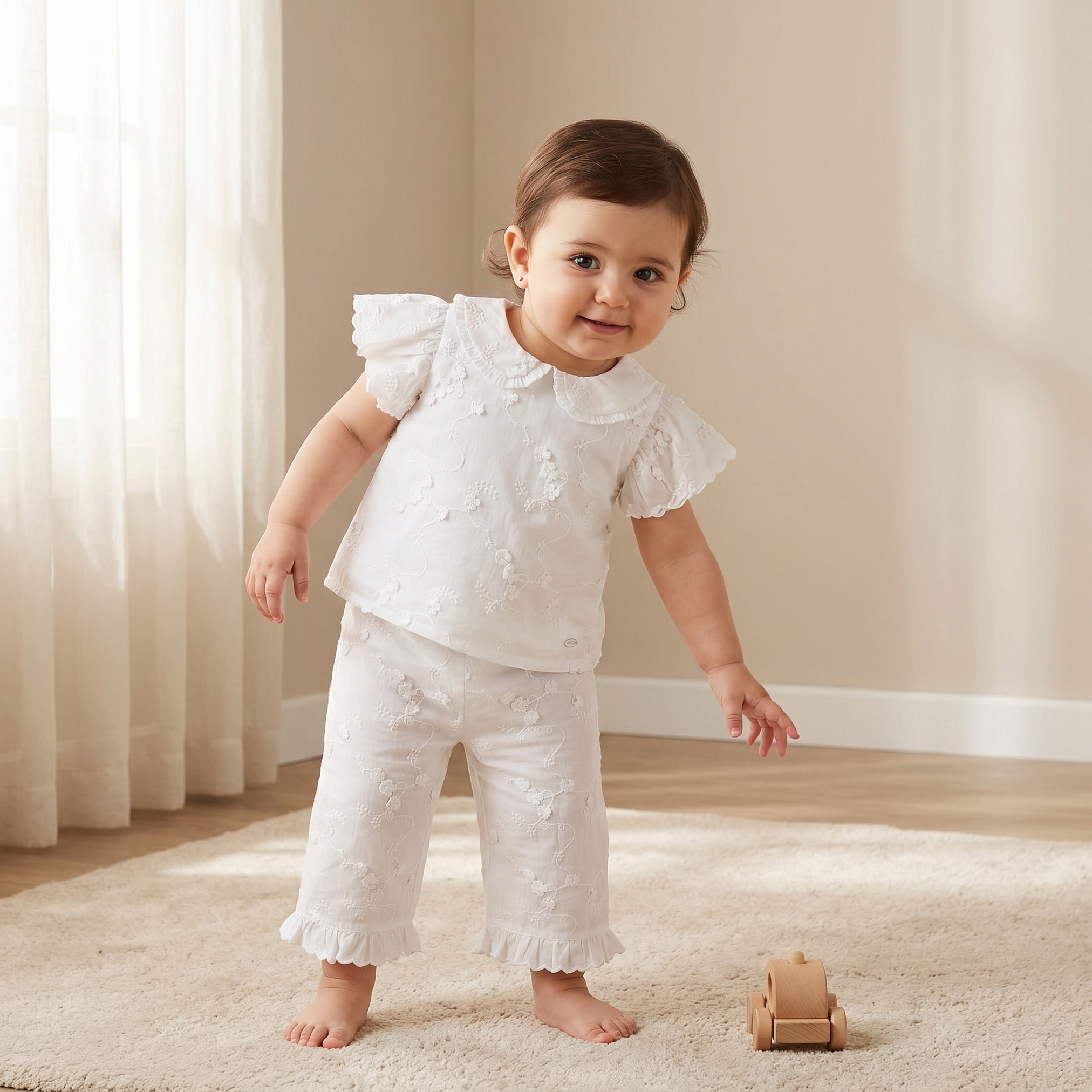 Giggles Round Neck Short Sleeves Top and Pants Set with Floral Embroidery-baby-girls-clothing-setsandcoords-image-1