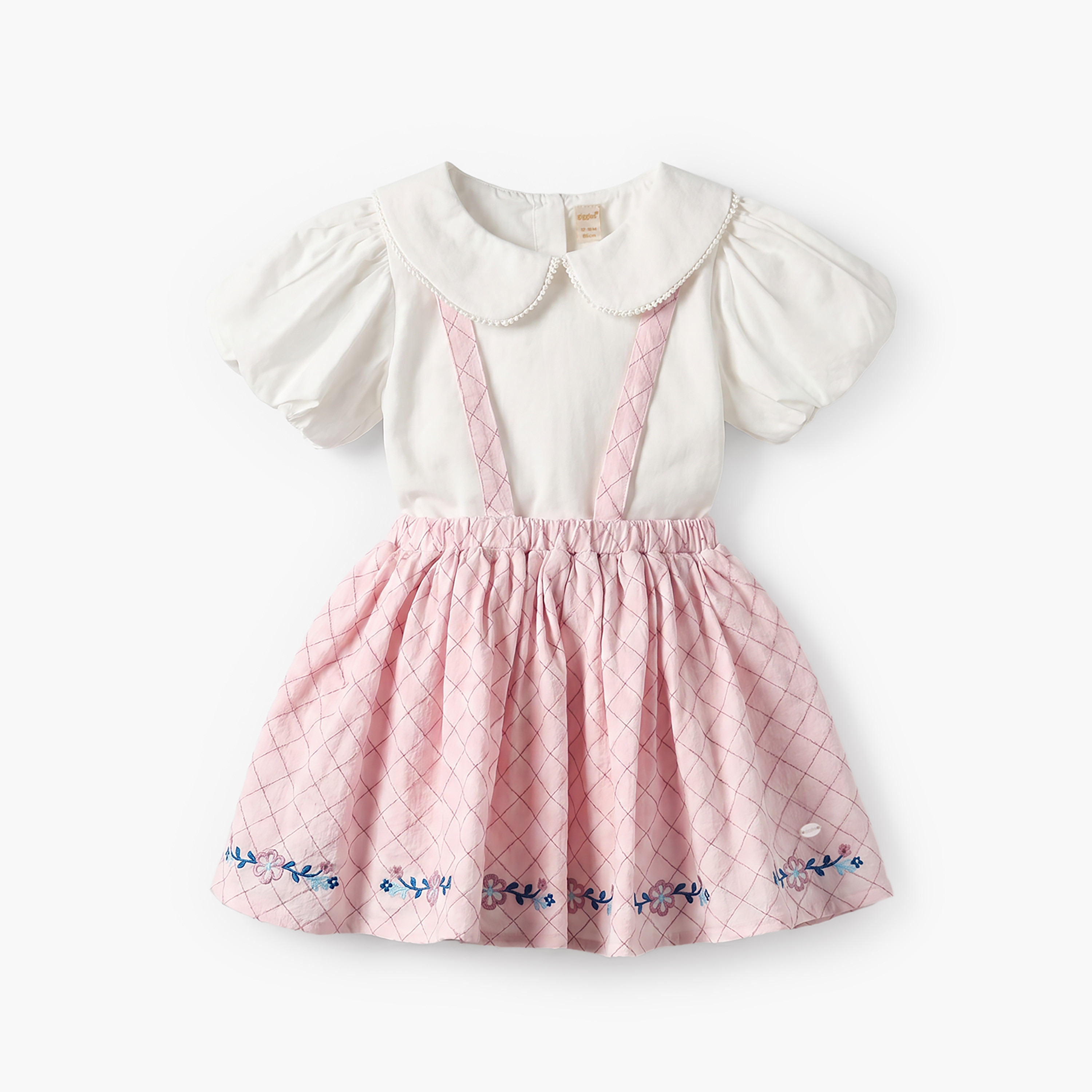 Giggles Peter Pan Collar Short Sleeves Top and Pinafore Set with Floral Embroidery-baby-girls-clothing-setsandcoords-image-2