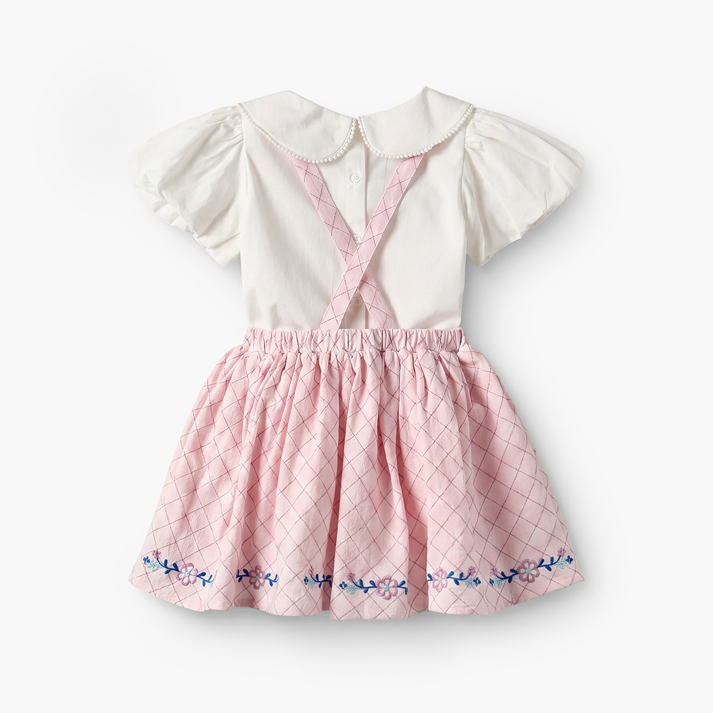 Giggles Peter Pan Collar Short Sleeves Top and Pinafore Set with Floral Embroidery-baby-girls-clothing-setsandcoords-image-3